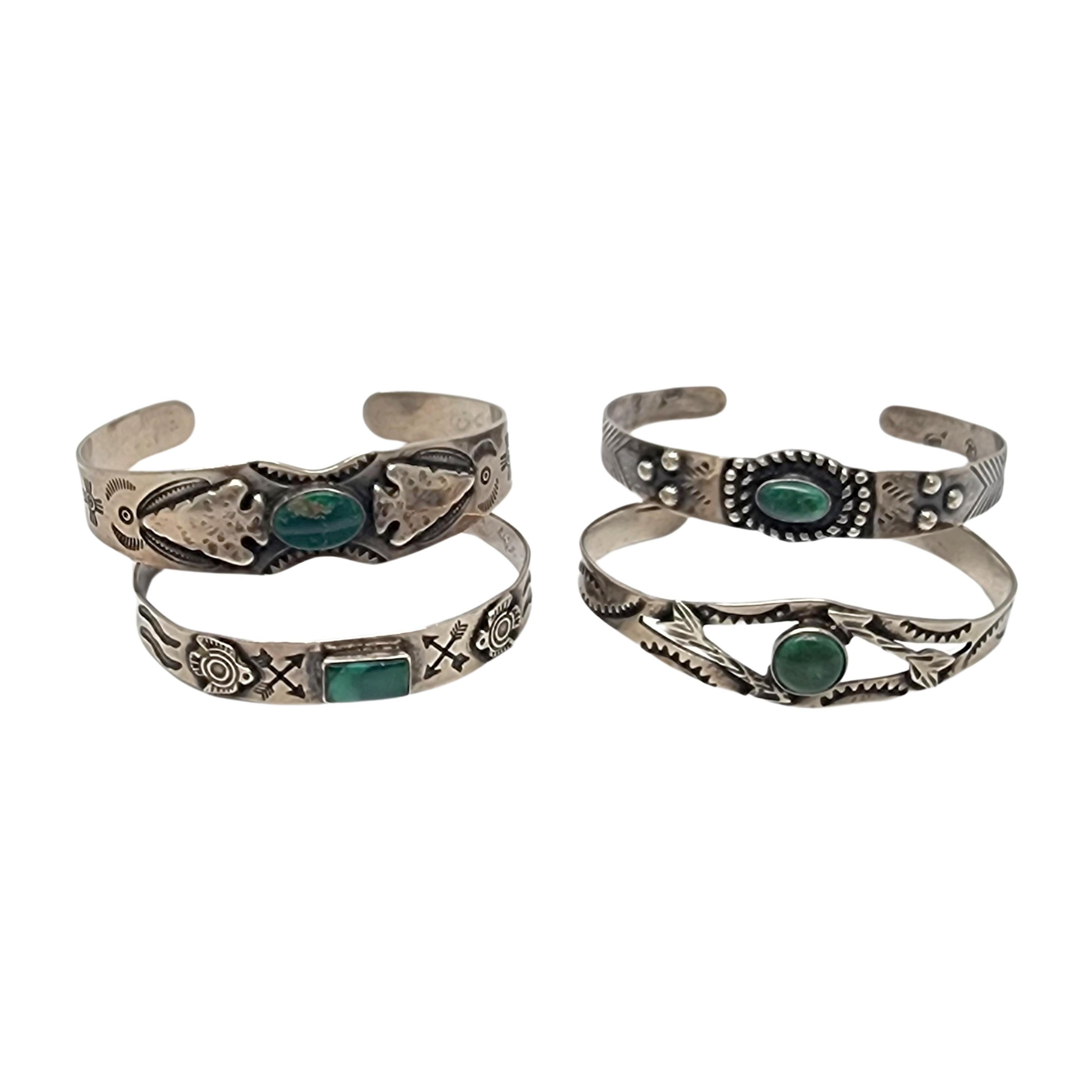 Set of 4 Sterling Silver Green Turquoise Fred Harvey Era Cuff Bracelets #18192 2