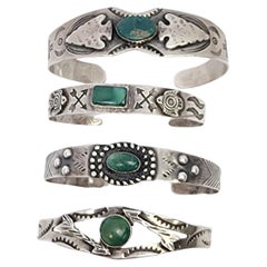 Set of 4 Sterling Silver Green Turquoise Fred Harvey Era Cuff Bracelets #18192