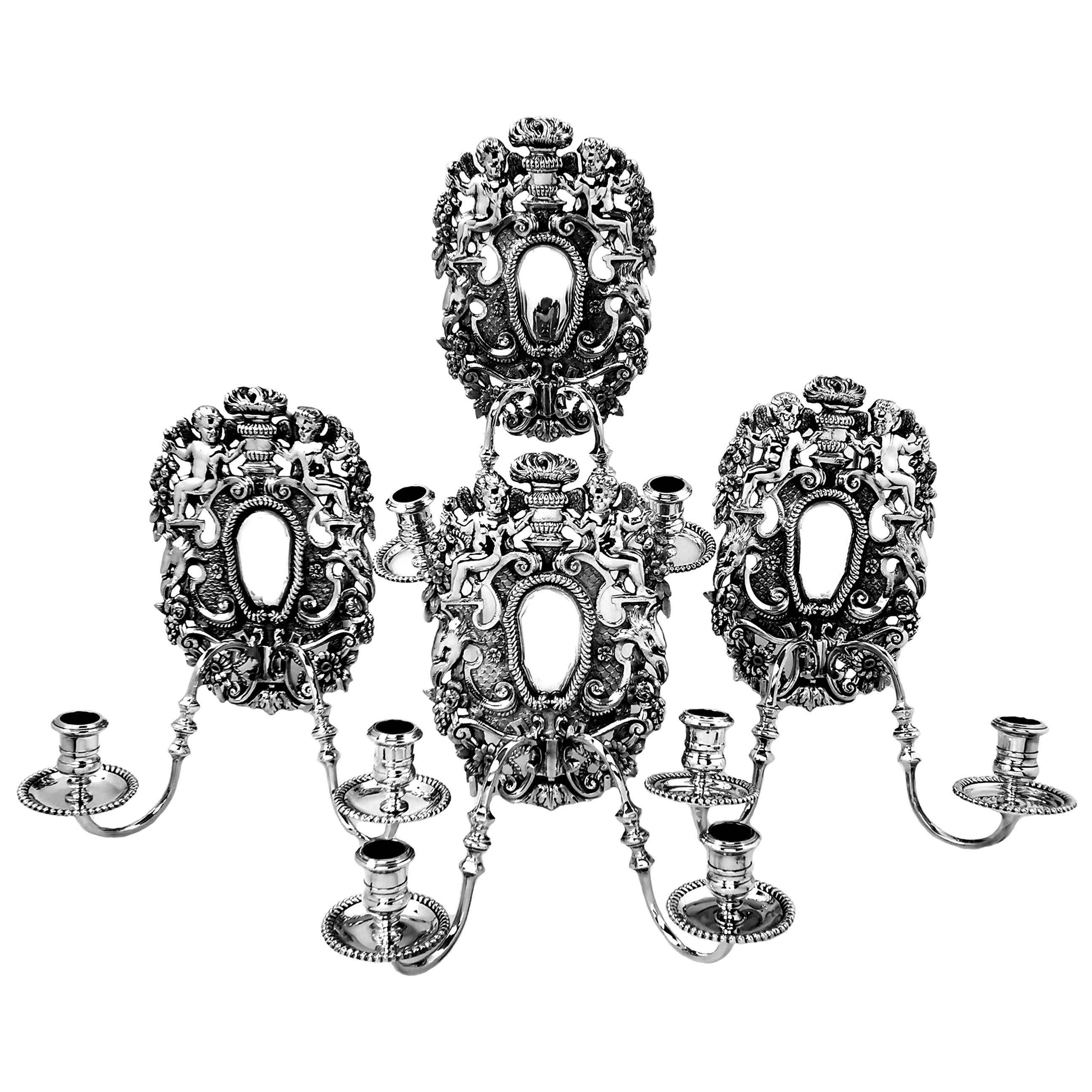 Set of 4 Sterling Silver Two-Light Candle Wall Sconces 1972 William III Style