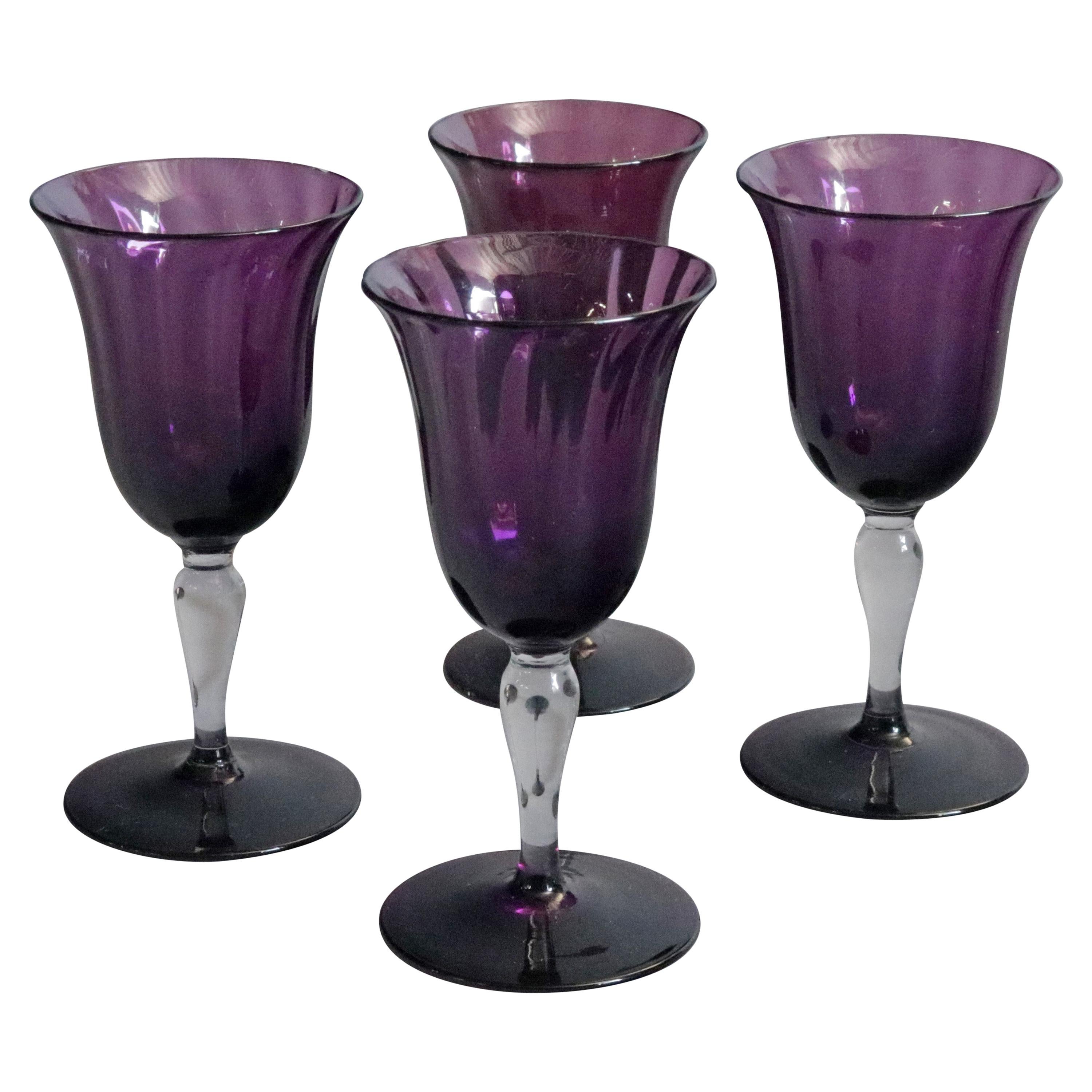 Set of 4 Steuben Amethyst Art Glass Stemmed Cordials, 20th Century
