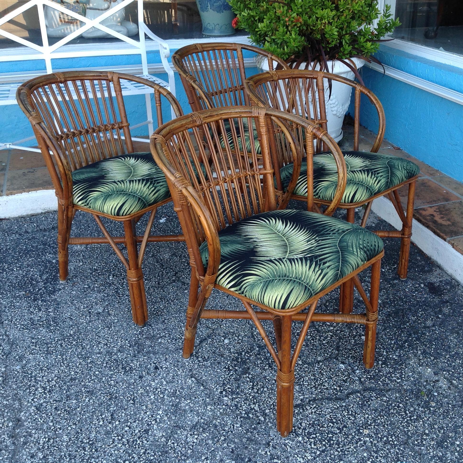20th Century Set of 4 Stick Rattan Game Table Chairs