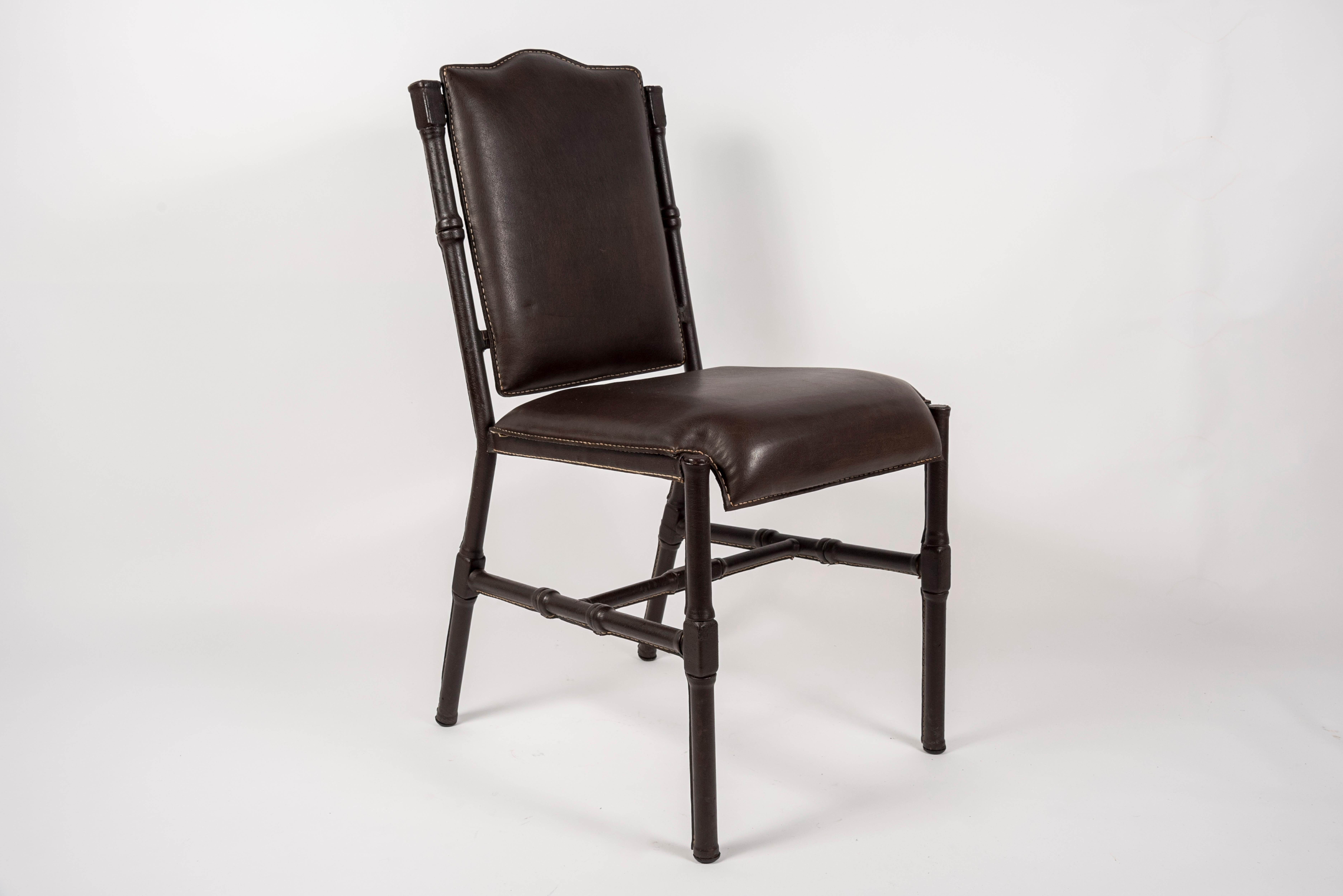 Mid-20th Century Set of 4 Stitched Leather Dinning Chairs by Jacques Adnet