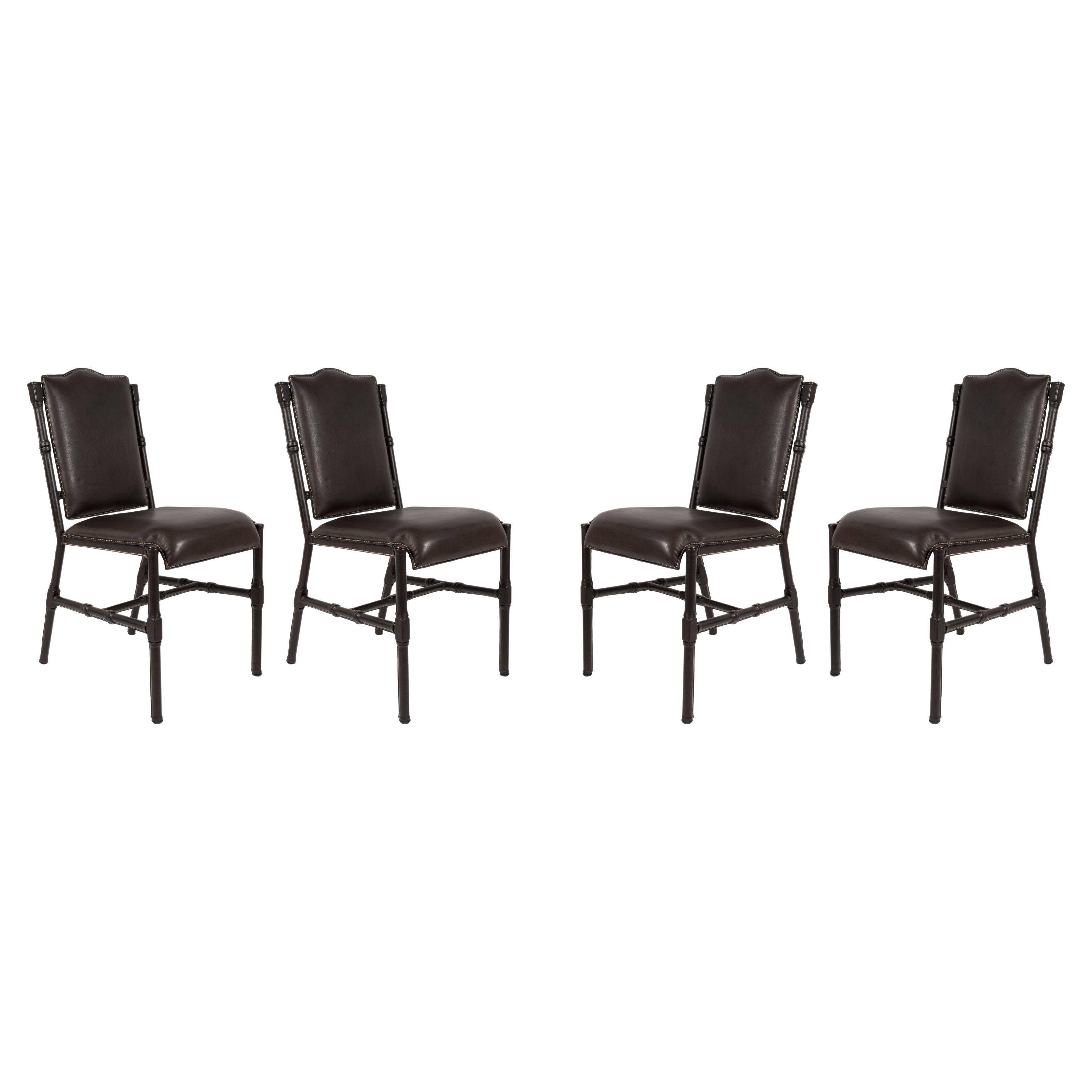 Set of 4 Stitched Leather Dinning Chairs by Jacques Adnet