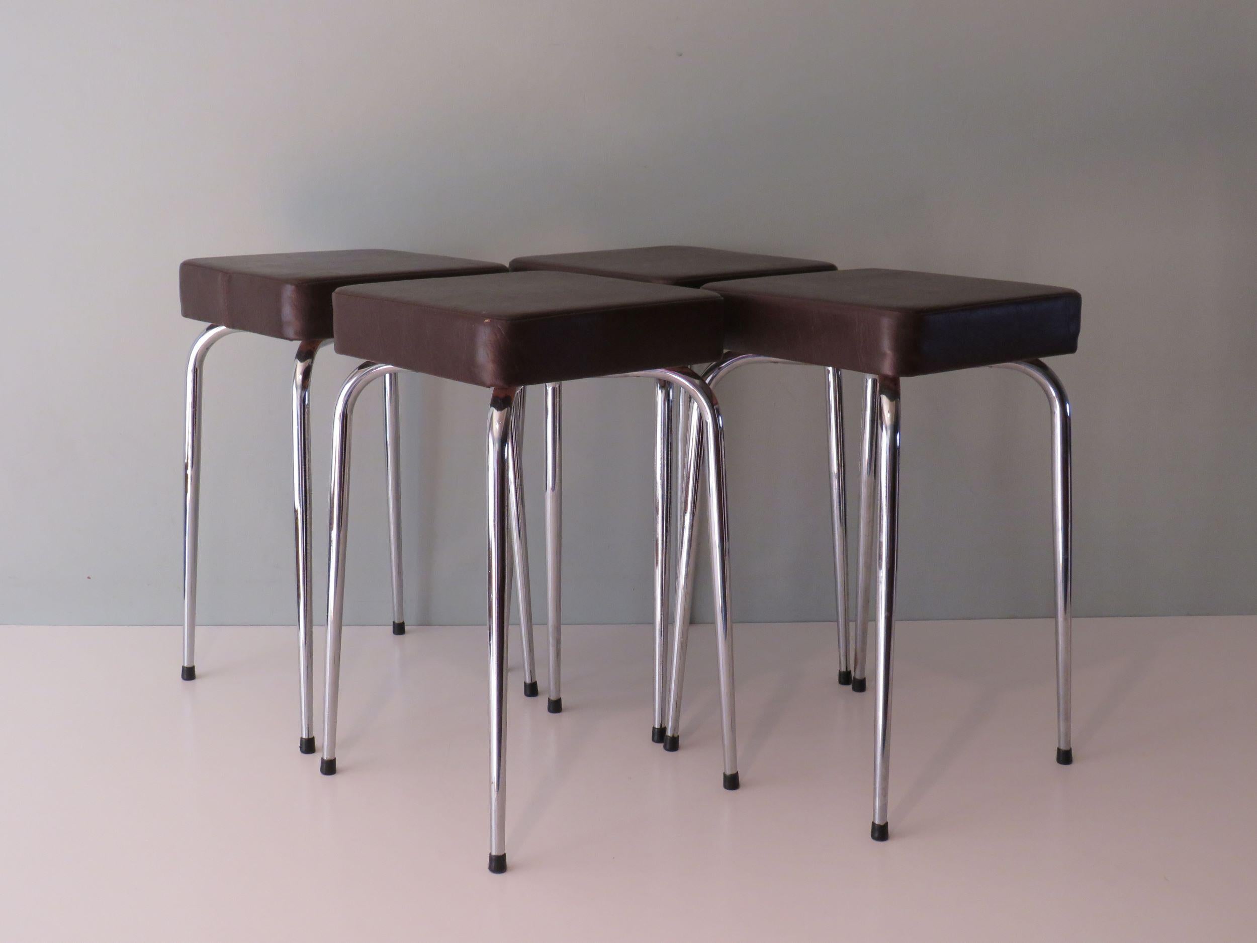 Space Age Set of 4 Stools, Chrome and Skai by Poelux, Belgium, 1960-1970 For Sale