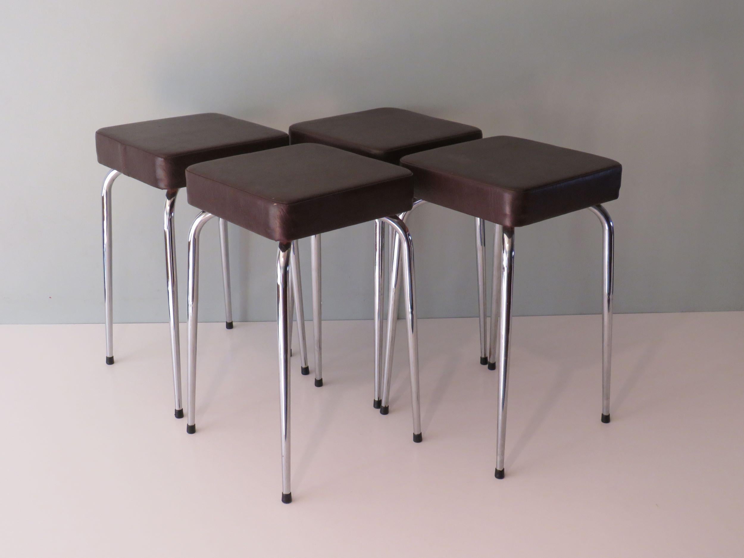 Belgian Set of 4 Stools, Chrome and Skai by Poelux, Belgium, 1960-1970 For Sale
