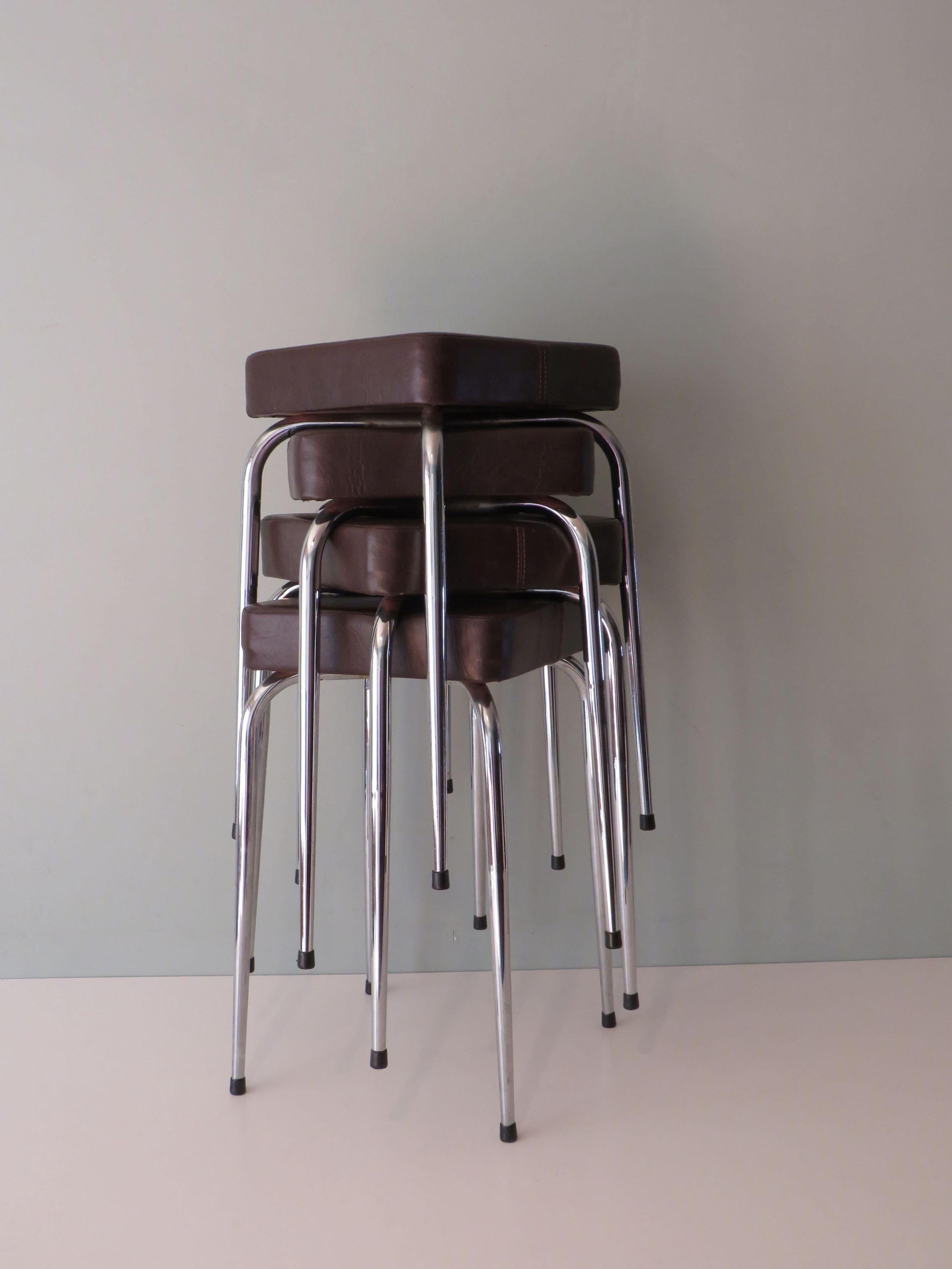 Set of 4 Stools, Chrome and Skai by Poelux, Belgium, 1960-1970 In Good Condition For Sale In Herentals, BE