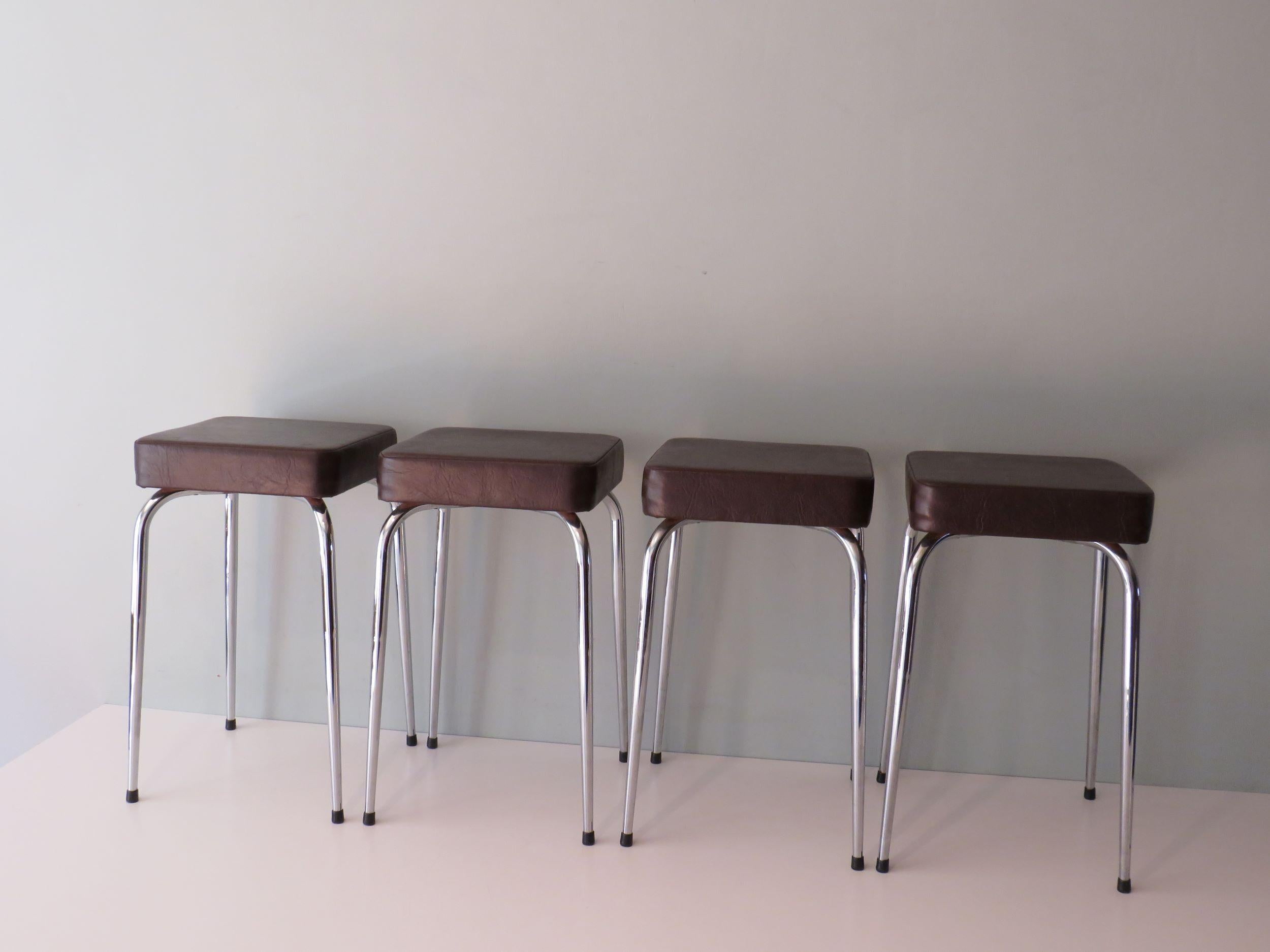Mid-20th Century Set of 4 Stools, Chrome and Skai by Poelux, Belgium, 1960-1970 For Sale