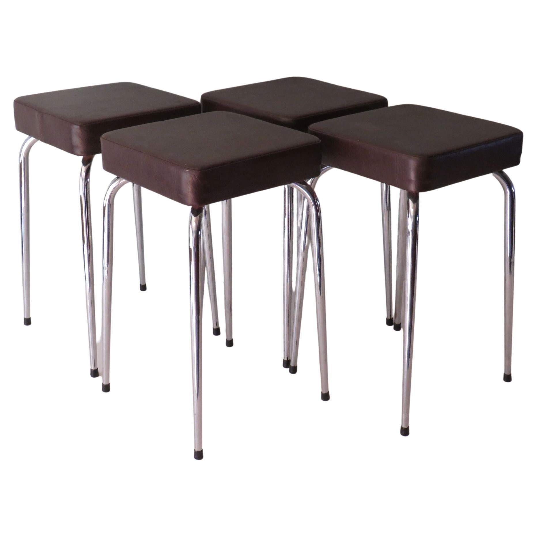 Set of 4 Stools, Chrome and Skai by Poelux, Belgium, 1960-1970 For Sale