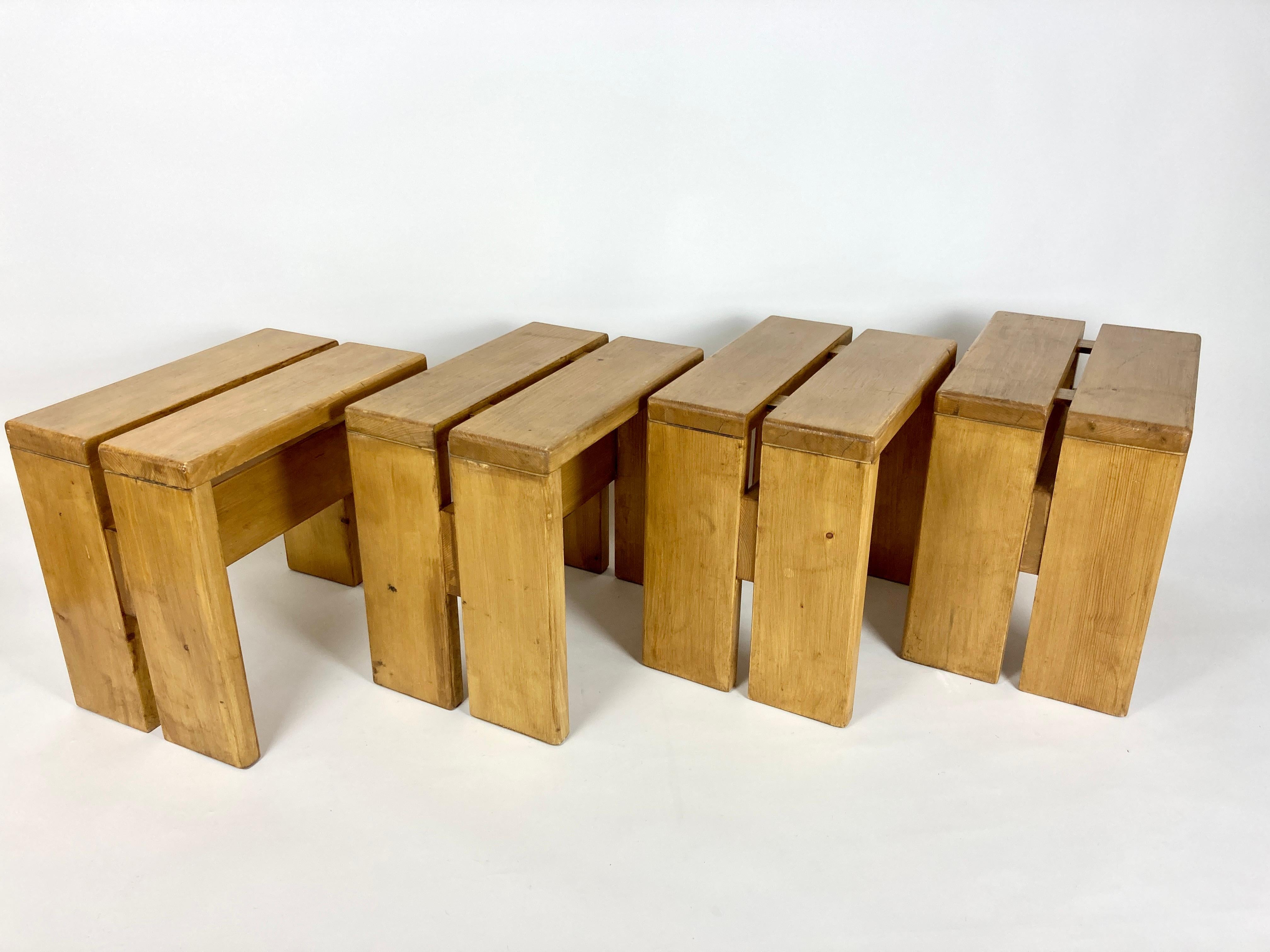 Set of 4 Stools/Side Tables from Les Arcs, France 1970s, Charlotte Perriand 4