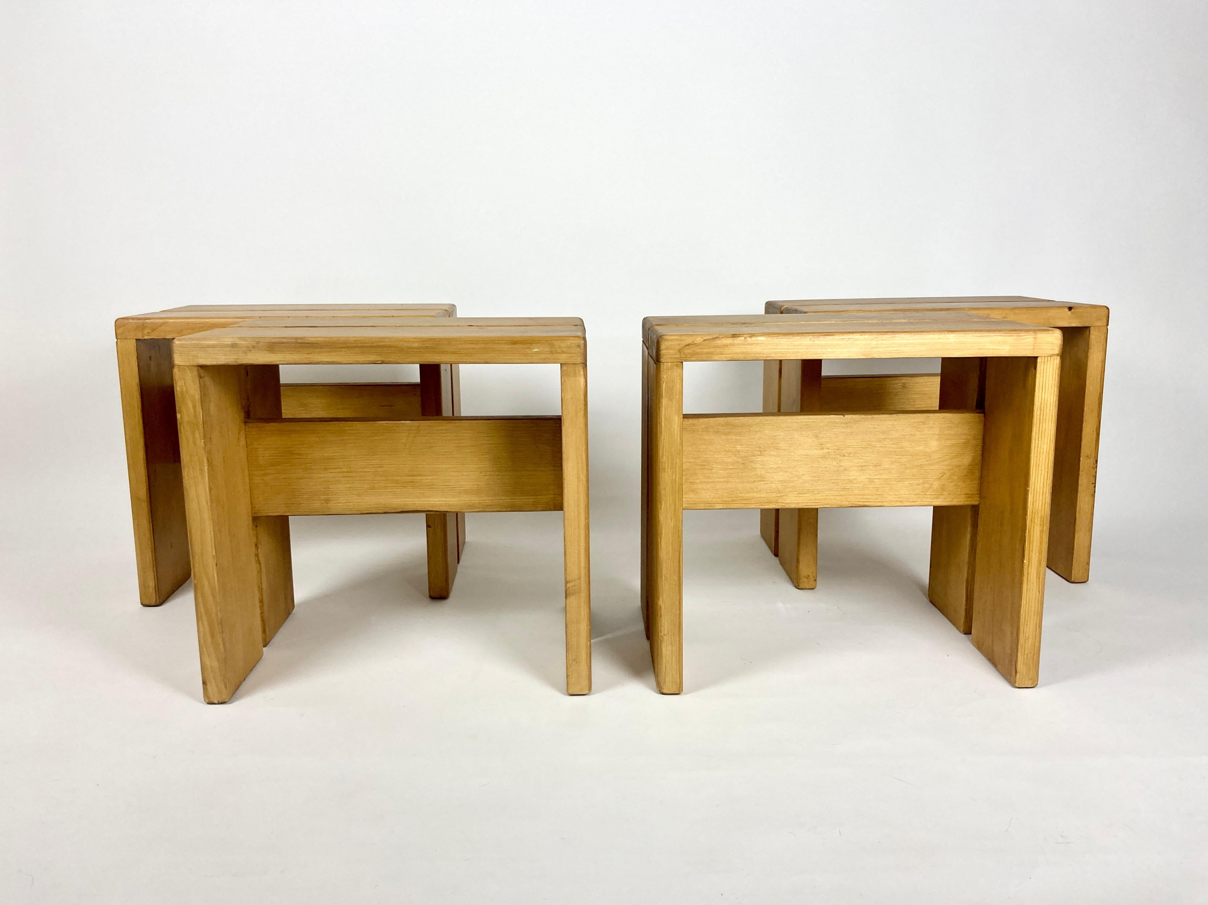 Set of 4 Stools/Side Tables from Les Arcs, France 1970s, Charlotte Perriand 5