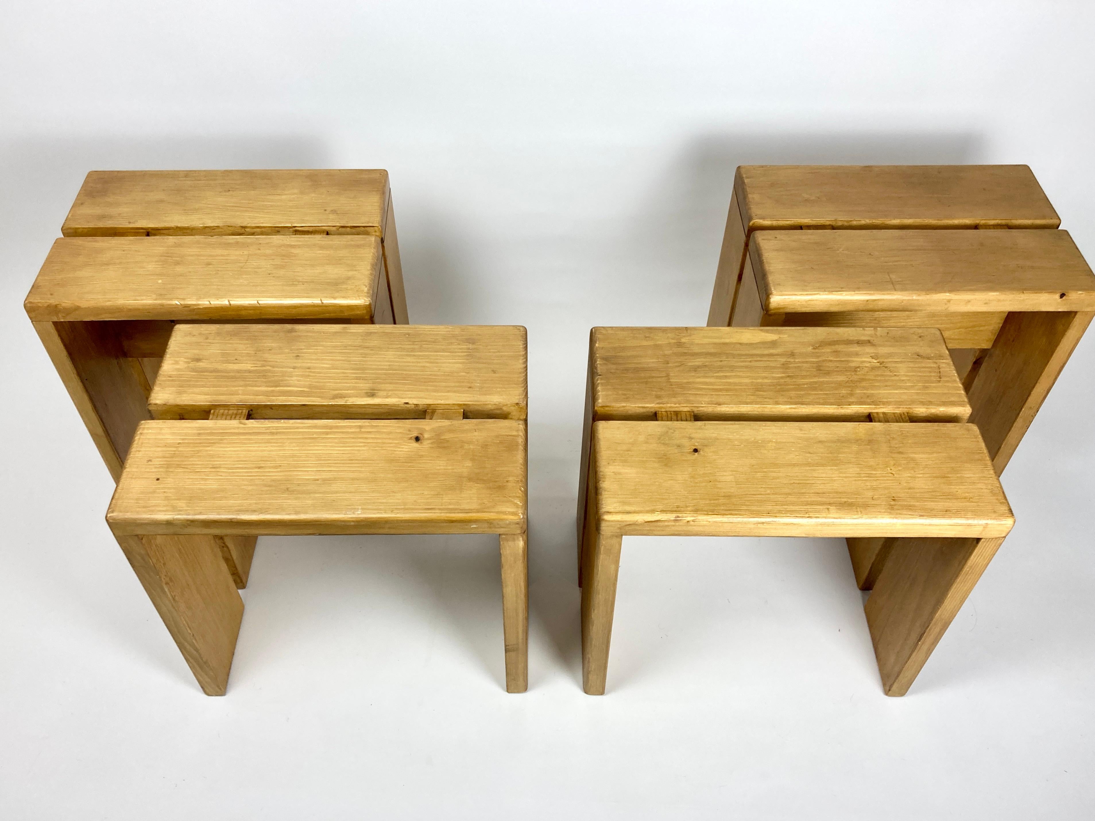 Set of 4 Stools/Side Tables from Les Arcs, France 1970s, Charlotte Perriand 6