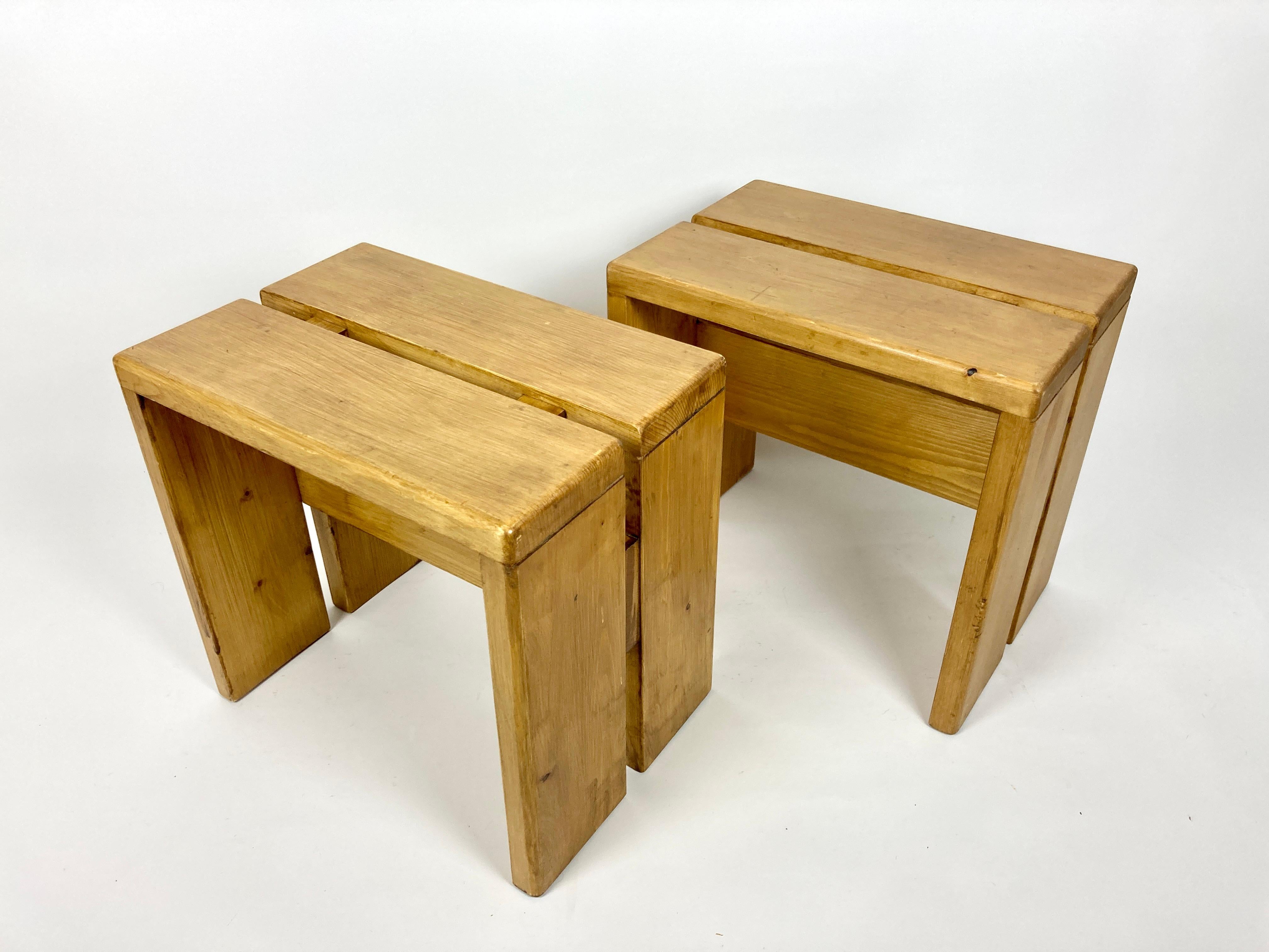 Set of 4 Stools/Side Tables from Les Arcs, France 1970s, Charlotte Perriand 7