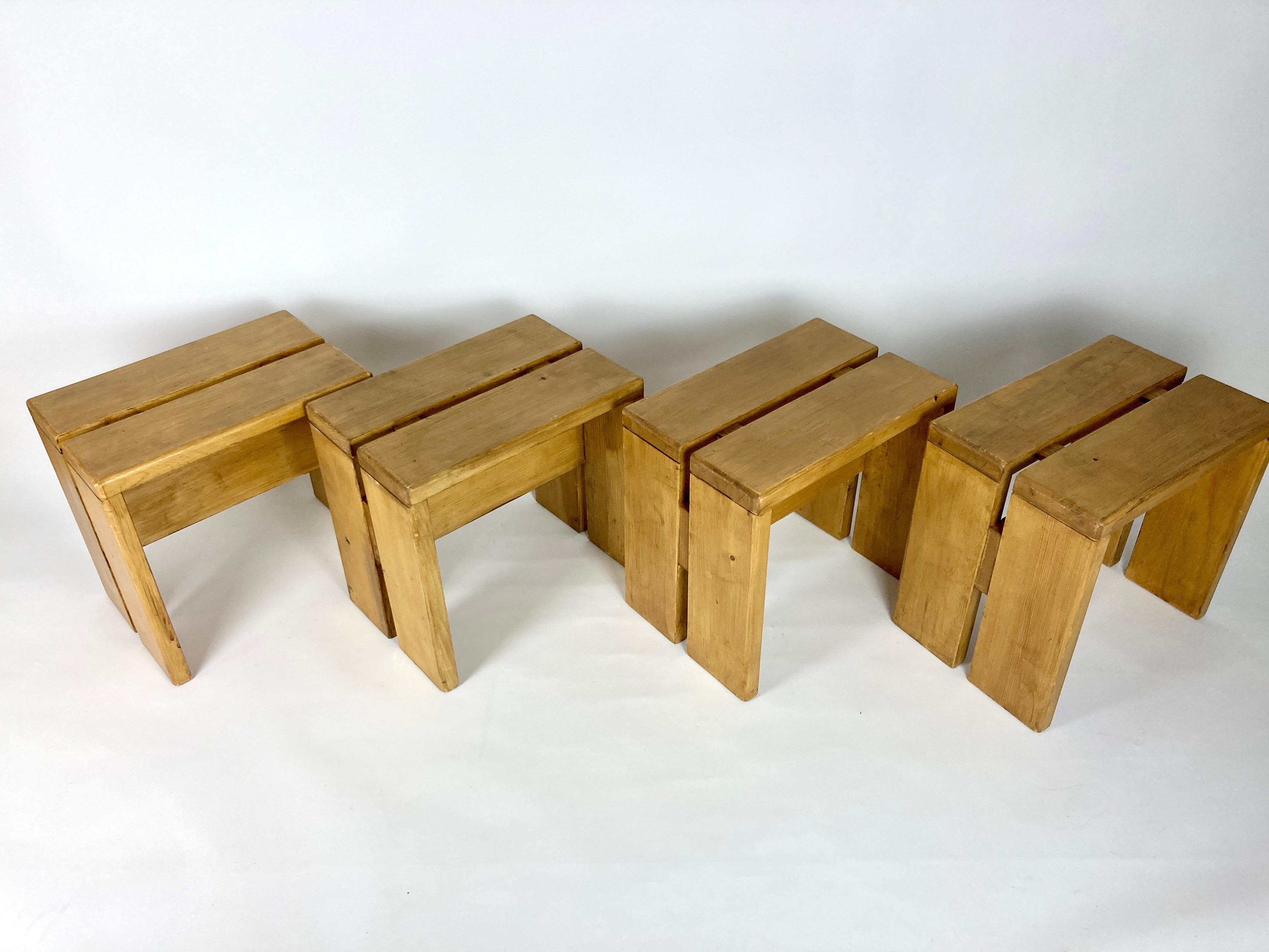 French Set of 4 Stools/Side Tables from Les Arcs, France 1970s, Charlotte Perriand