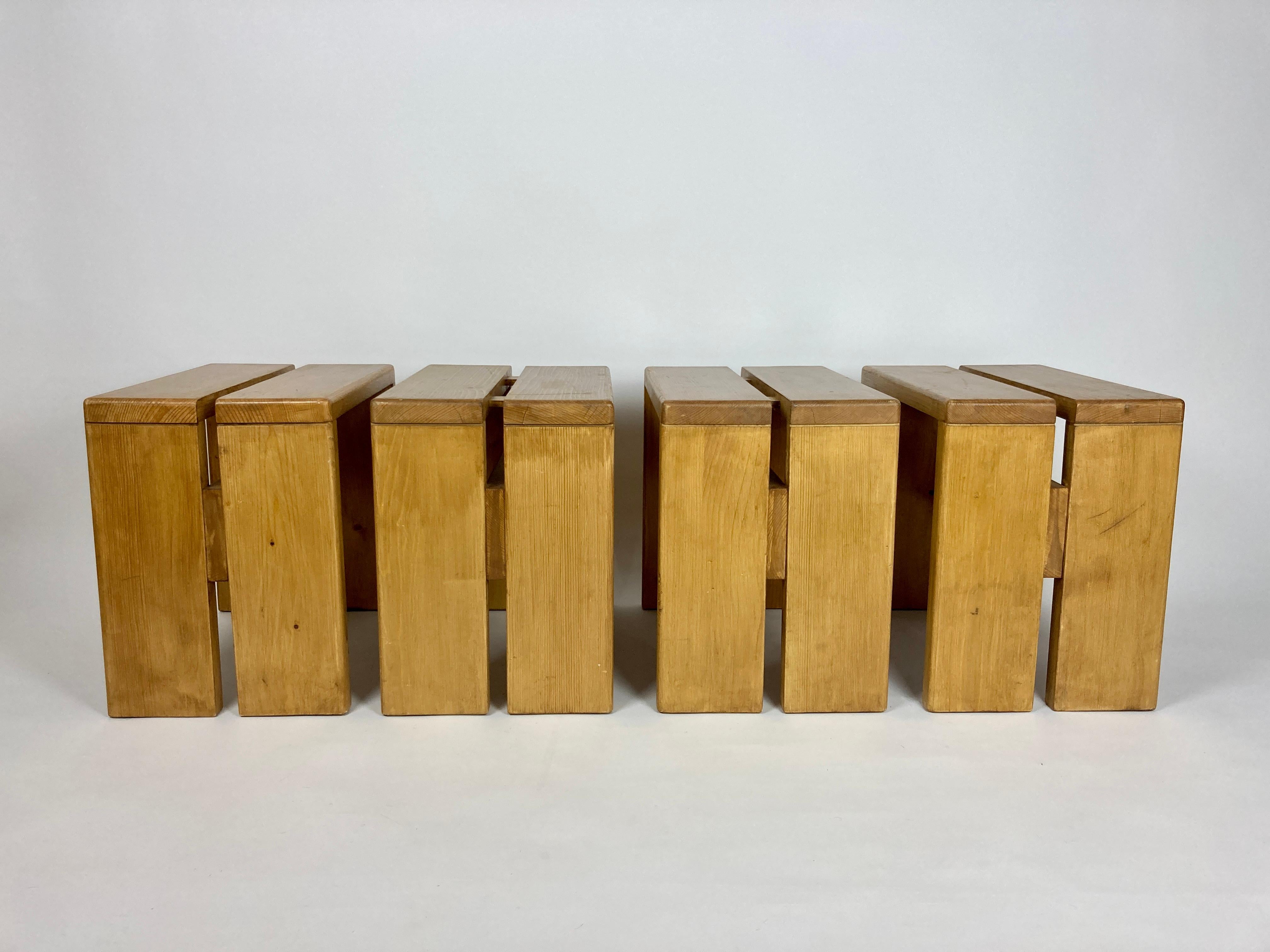 20th Century Set of 4 Stools/Side Tables from Les Arcs, France 1970s, Charlotte Perriand