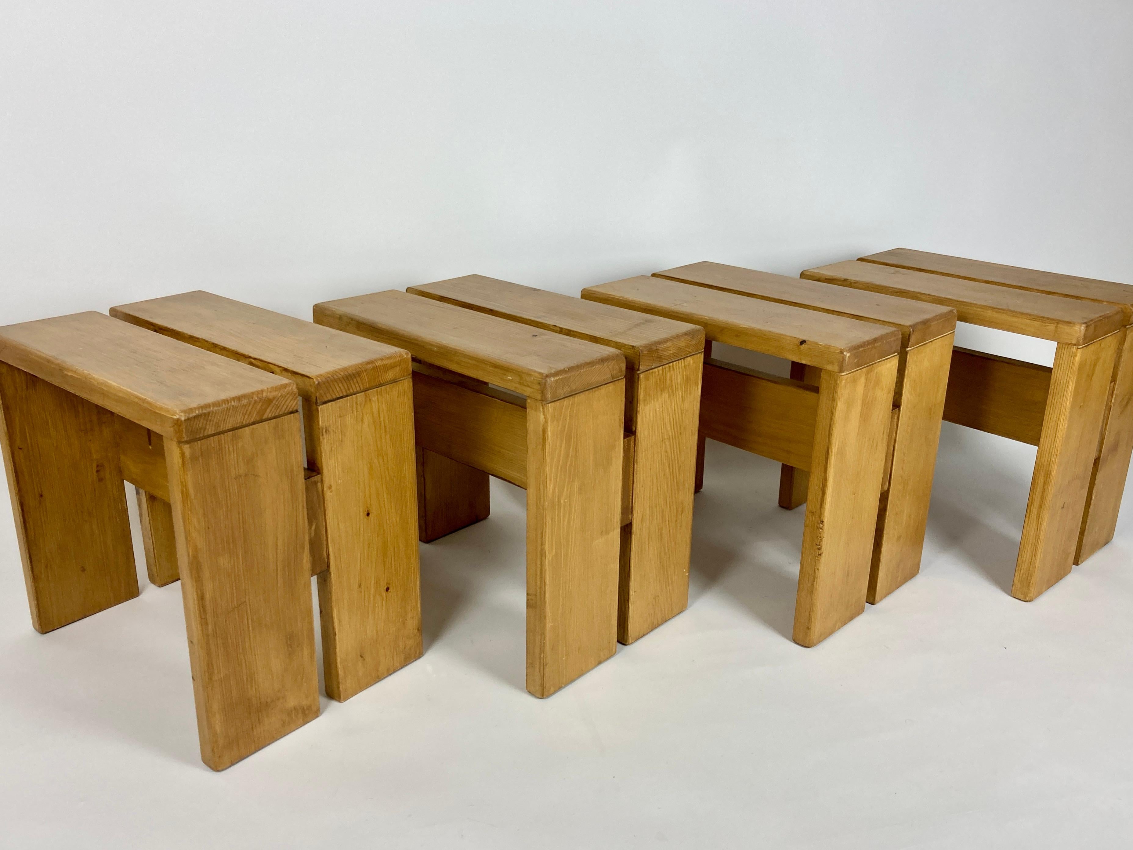 Pine Set of 4 Stools/Side Tables from Les Arcs, France 1970s, Charlotte Perriand