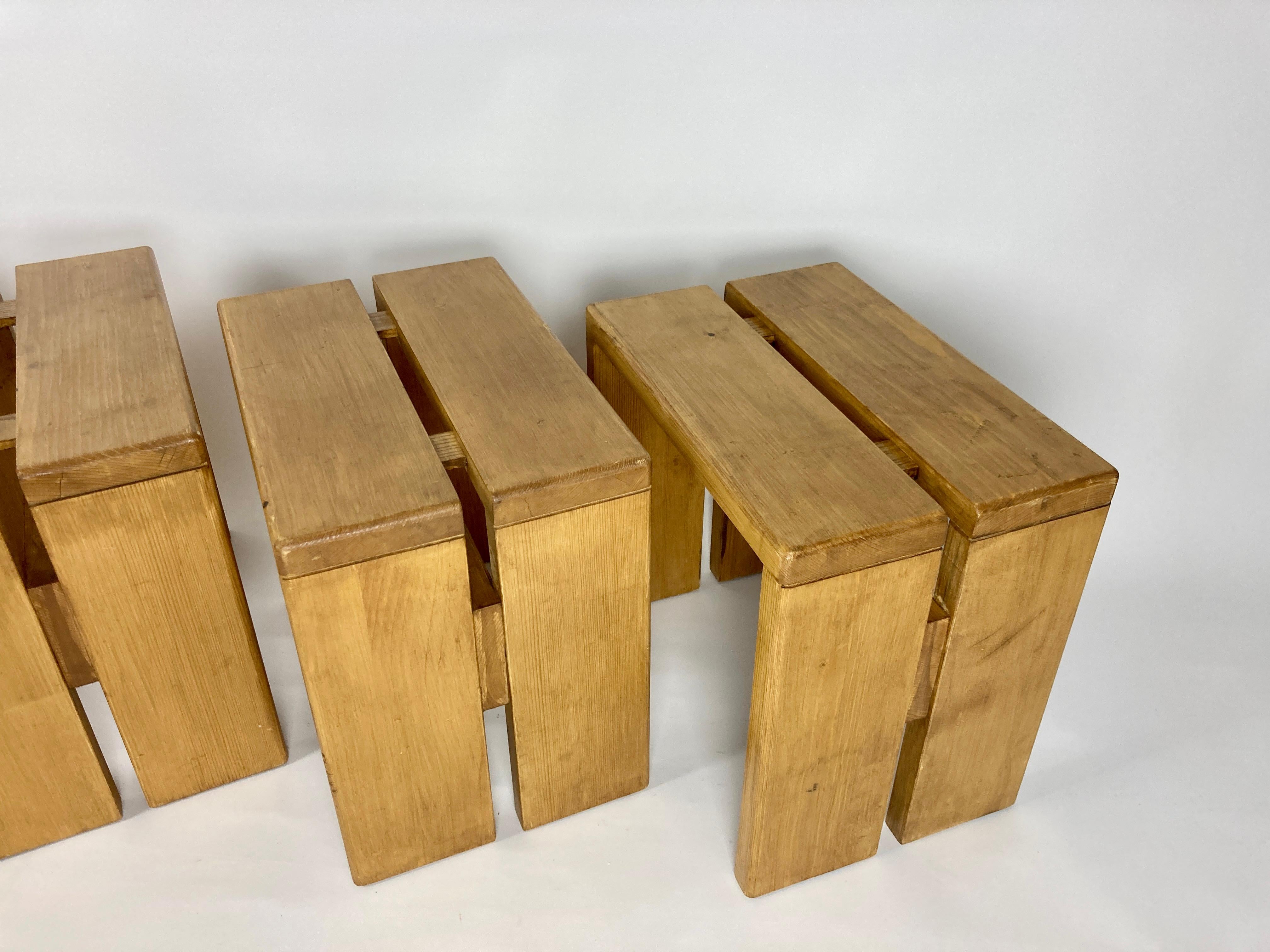 Set of 4 Stools/Side Tables from Les Arcs, France 1970s, Charlotte Perriand 2