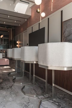 Set of 4 Stools Upholstered in Linen Fabric in Champagne Colored Metallic Feet
