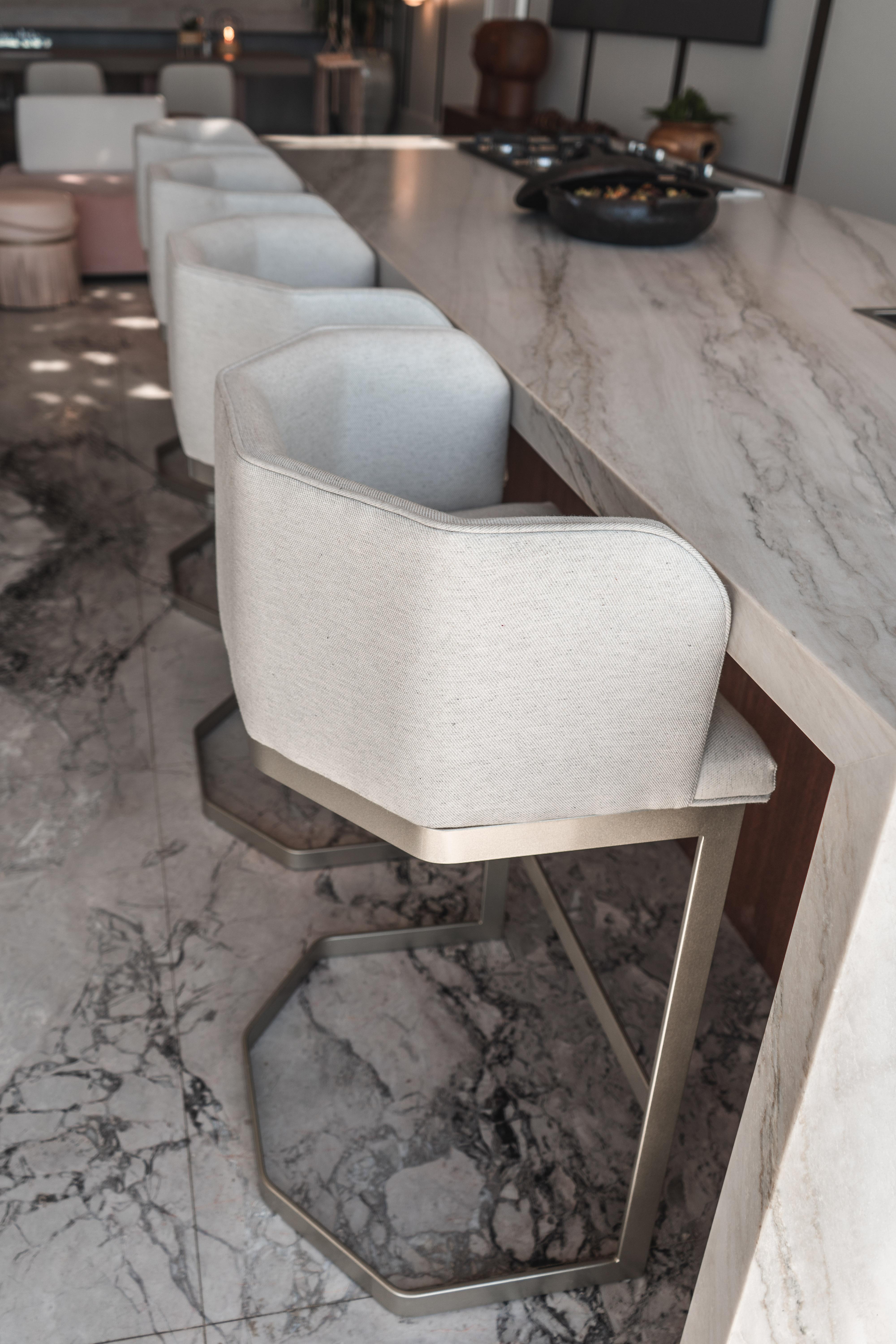Brazilian Set of 4 Stools Upholstered in Linen Fabric in Champagne Colored Metallic Feet For Sale