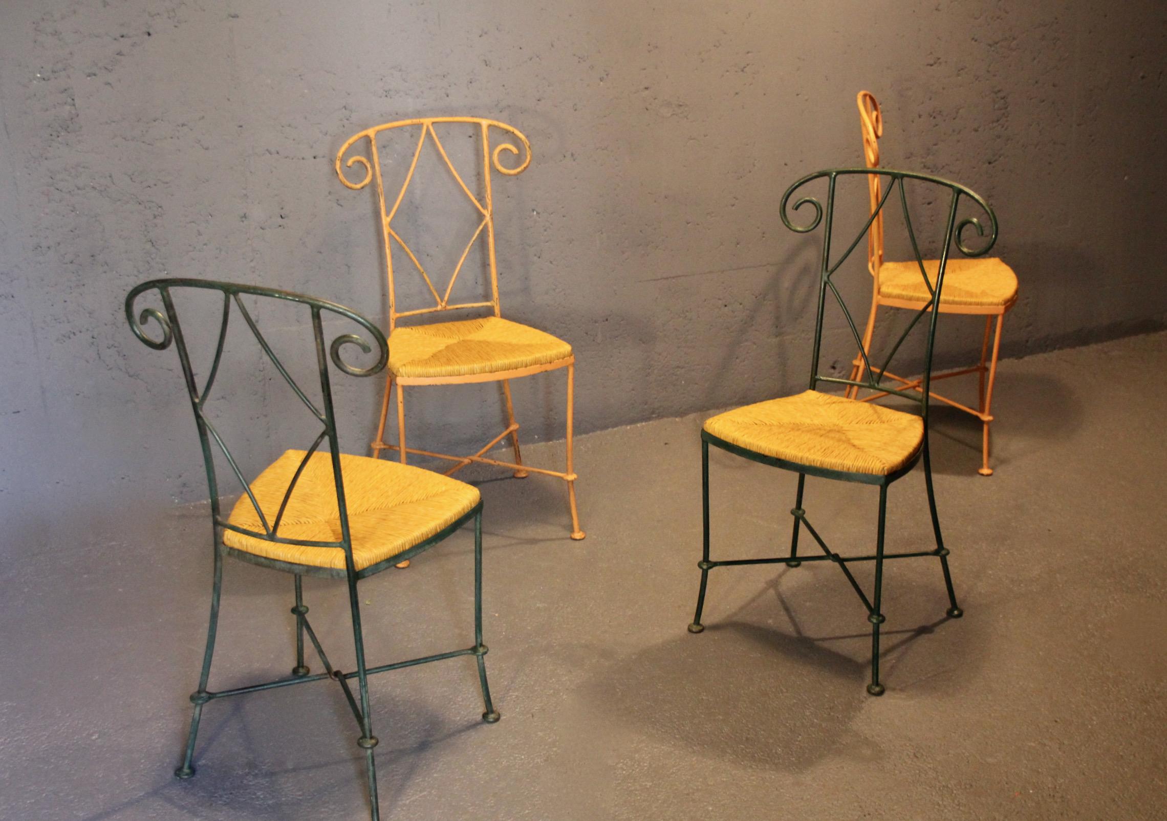 Francese Set di 4 sedie Neo classic in paglia e metallo in vendita