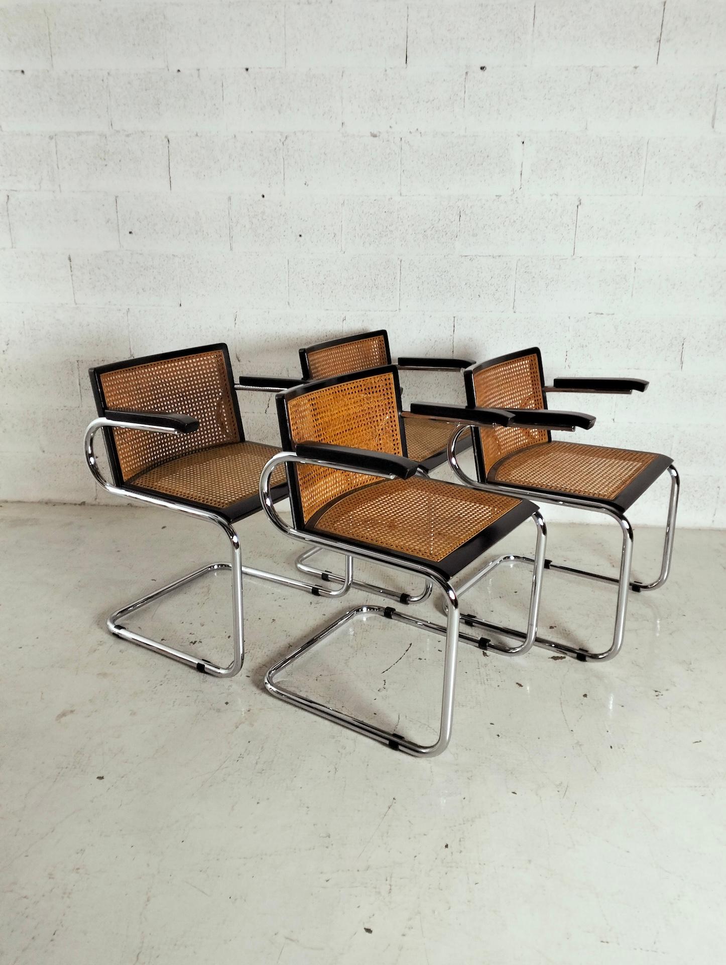 Set of 4 straw and steel chromed chairs attributed to L.Saccardo for Armet 70's For Sale 3