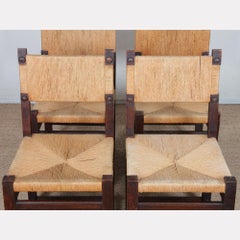 Set of 4 straw-seated chairs in solid oak, 1950