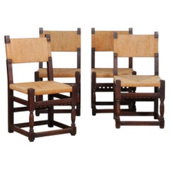 Set of 4 straw-seated chairs in solid oak, 1950