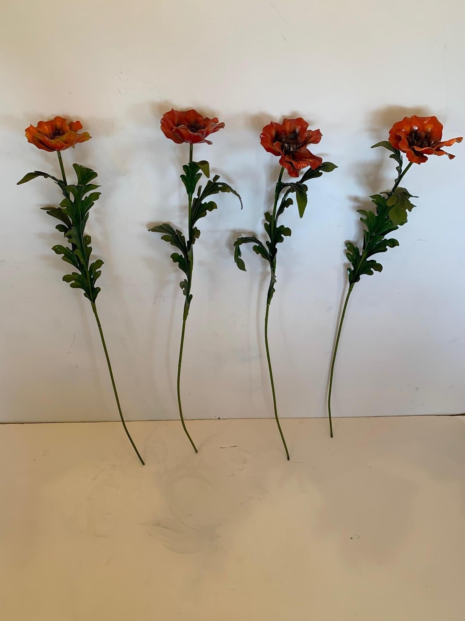 Set of 4 Striking Painted Iron Tall Long Stem Poppy Flowers 1