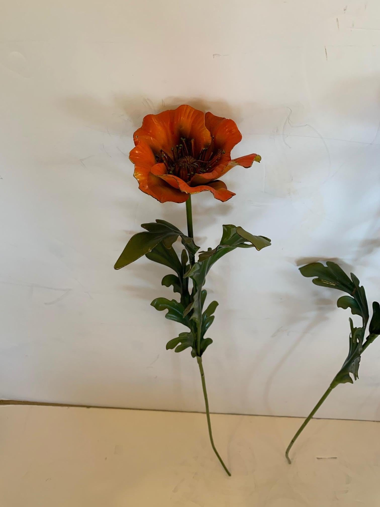 Set of 4 Striking Painted Iron Tall Long Stem Poppy Flowers 2