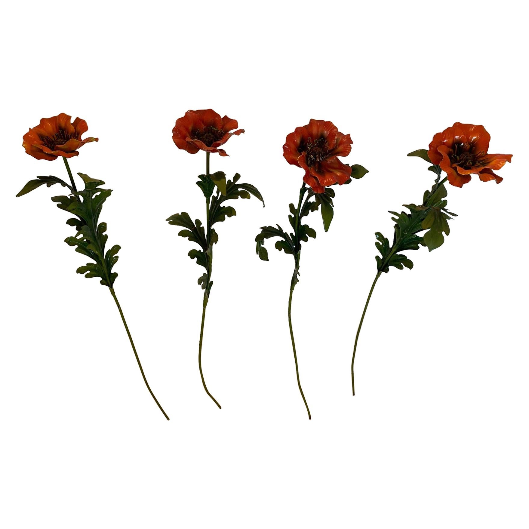 Set of 4 Striking Painted Iron Tall Long Stem Poppy Flowers