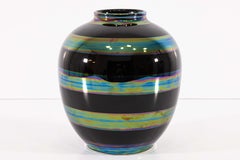 Set of 4 Striped Iridescent Black Ceramic Vessels Contemporary Modern