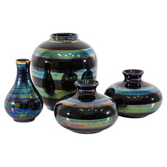 Set of 4 Striped Iridescent Black Ceramic Vessels Contemporary Modern