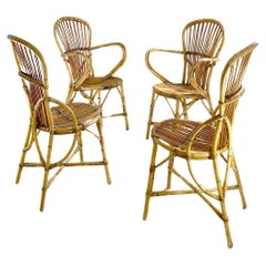 Set of 4 Summer Chairs in Bamboo and Wicker by Audoux-Minnet, France 1950