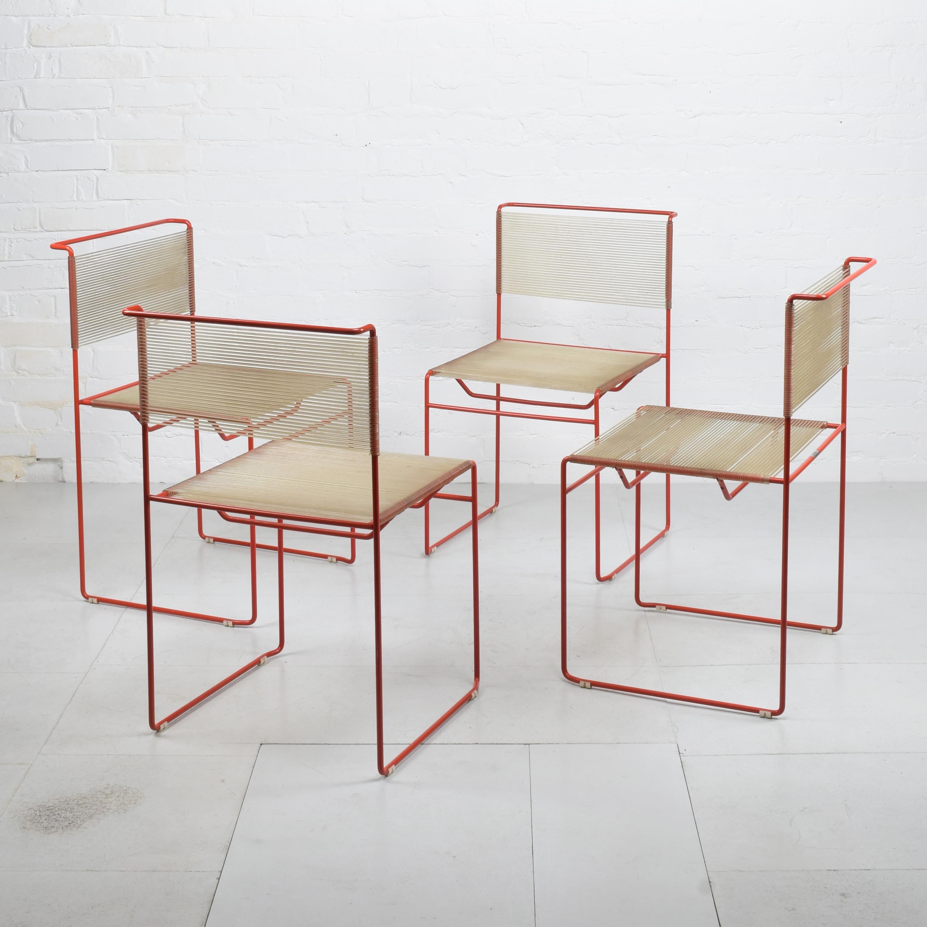 Giandomenico Belotti for CMP Padova, Italy c. 1970
‘Fly Line’ dining chairs, set of 4

Red metal frames with transparent tinted plastic cord seats and backs. Original plastic floor glides. Manufacturer’s labels to frames.

(please note: we also have
