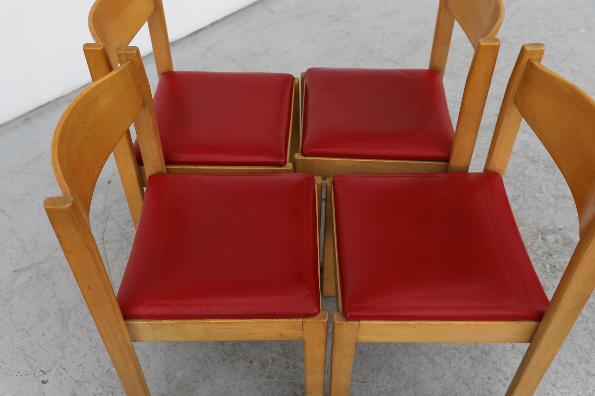 Set of 4 Sven Markelius Style Stacking Chairs with Red Skai Seats In Good Condition In Los Angeles, CA