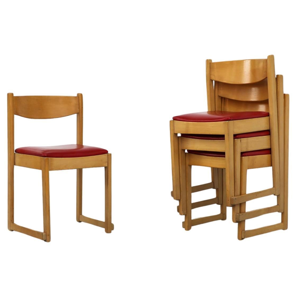 Set of 4 Sven Markelius Style Stacking Chairs with Red Skai Seats