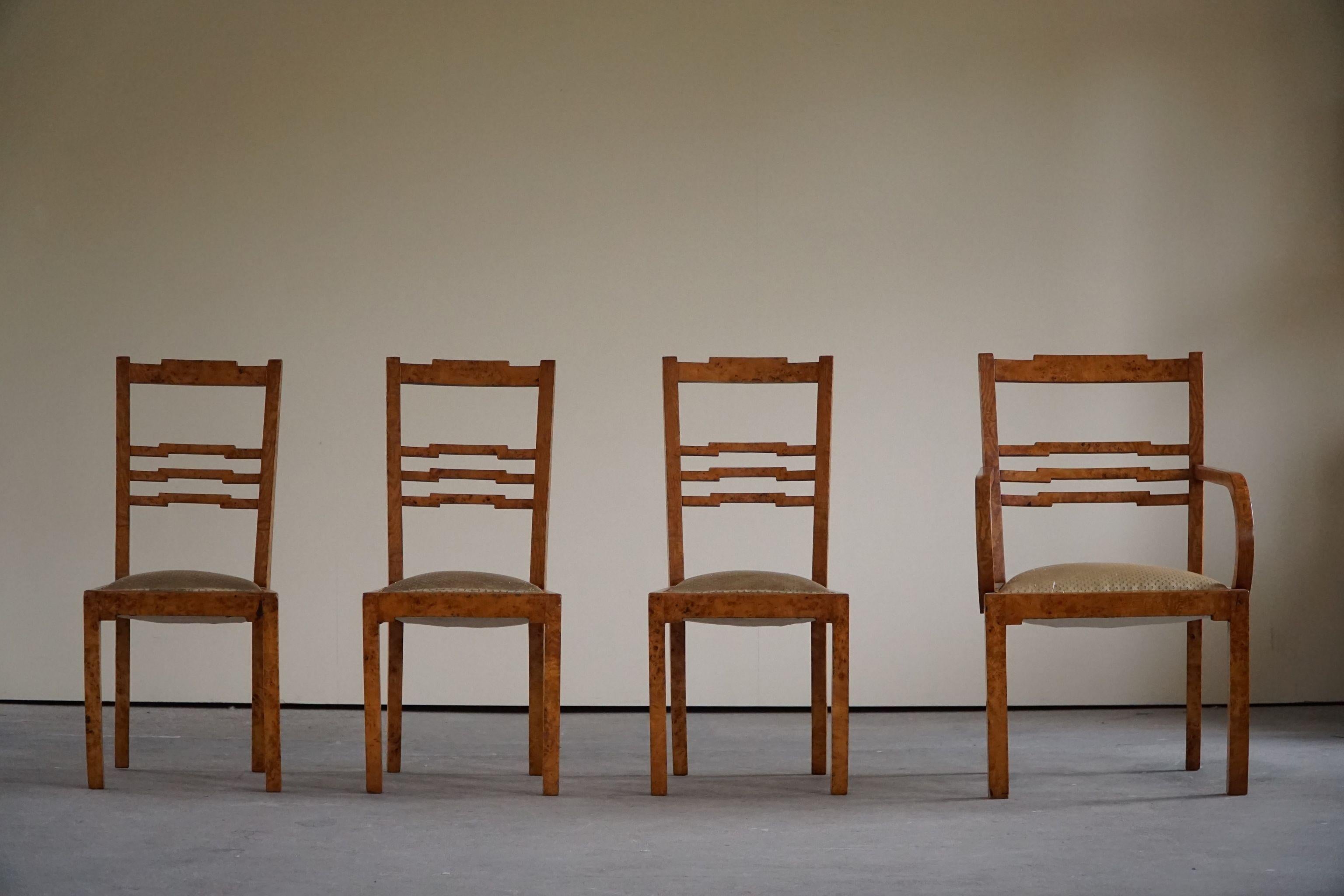 Set of 4 Swedish Art Deco Dining Chairs in Birch Root, Early 20th Century 4