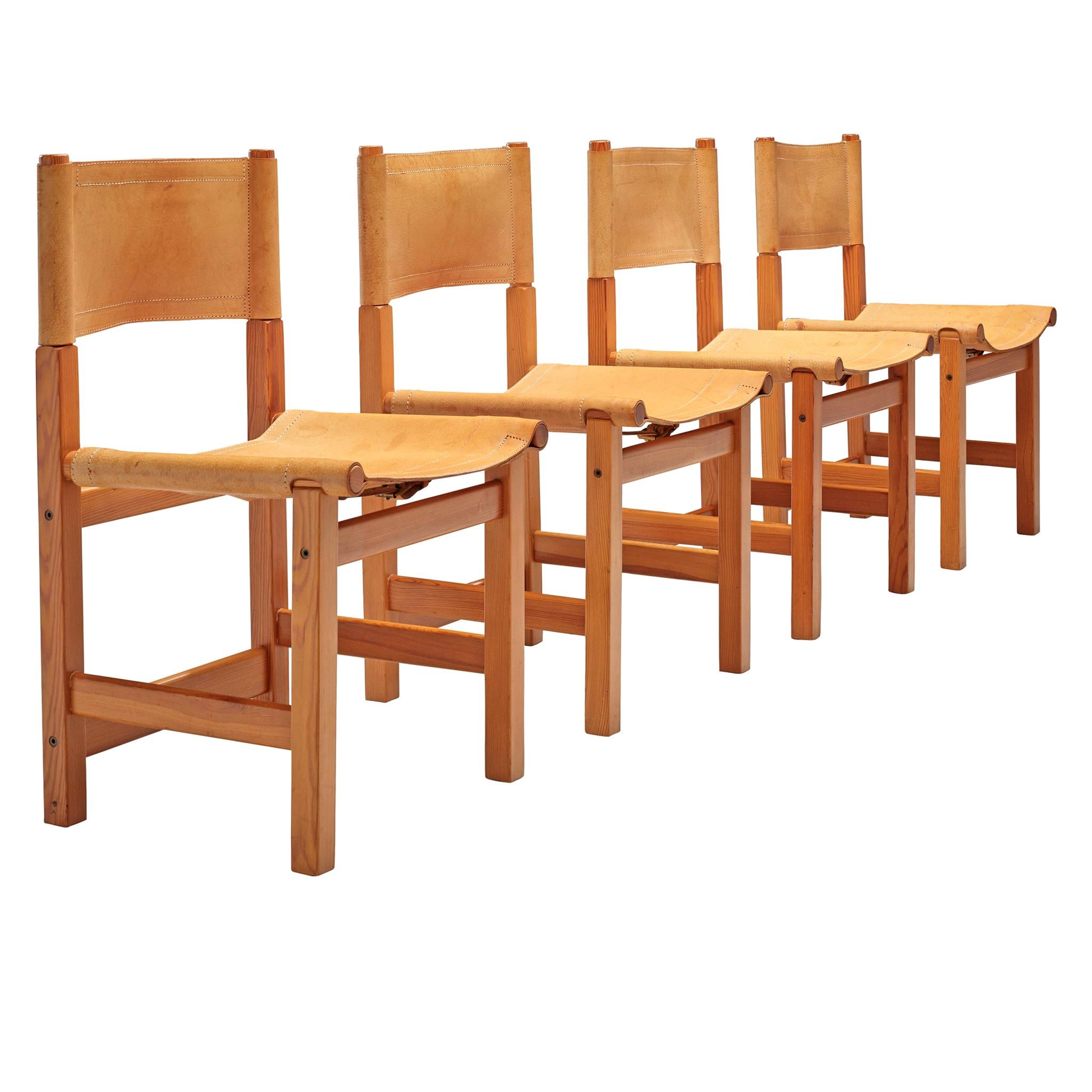 Set of 4 Swedish Dining Chairs in Pine and Leather