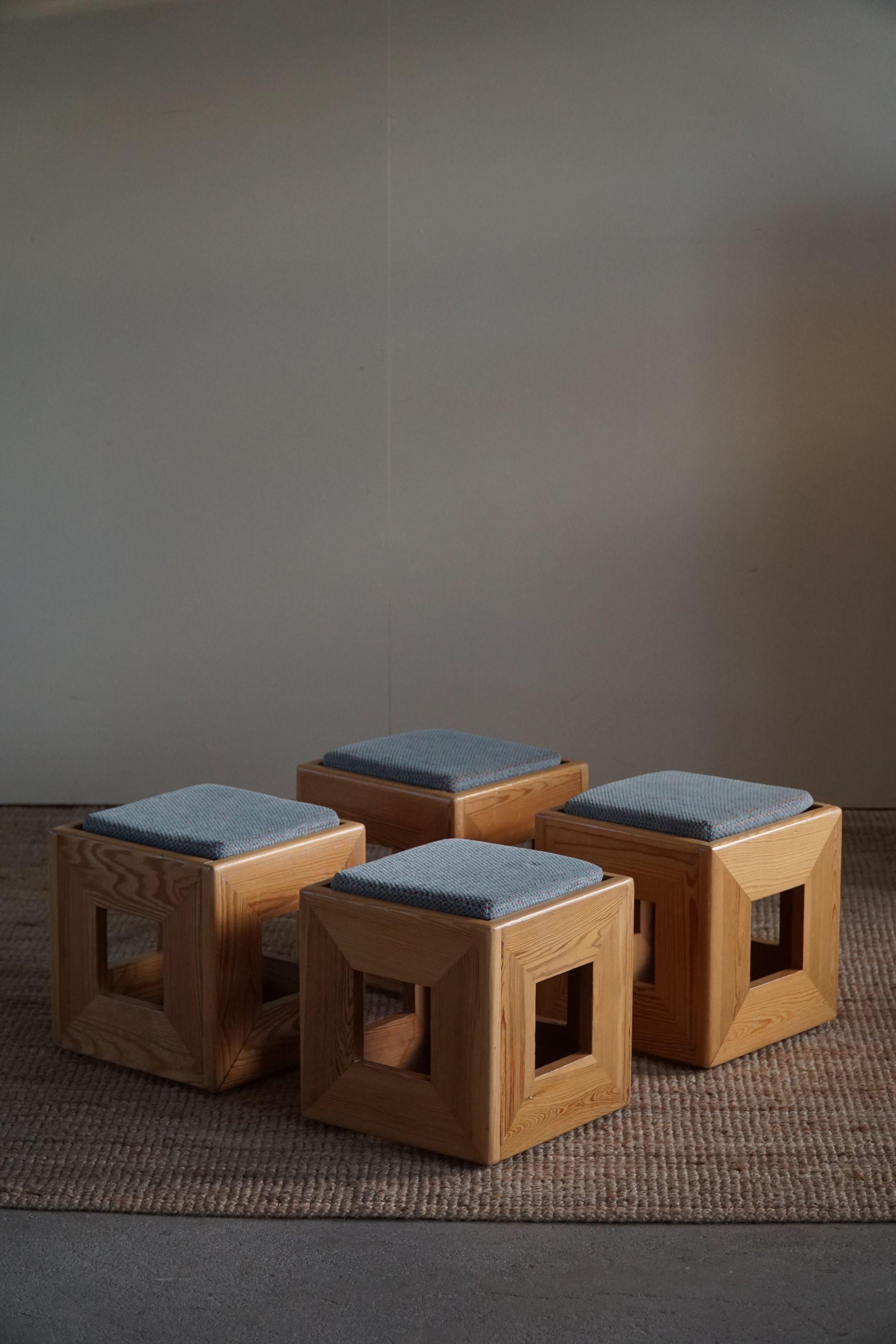 Set of 4 Swedish Mid Century Solid Cubic Pine Stools / Pedistals, Made in 1970s 4