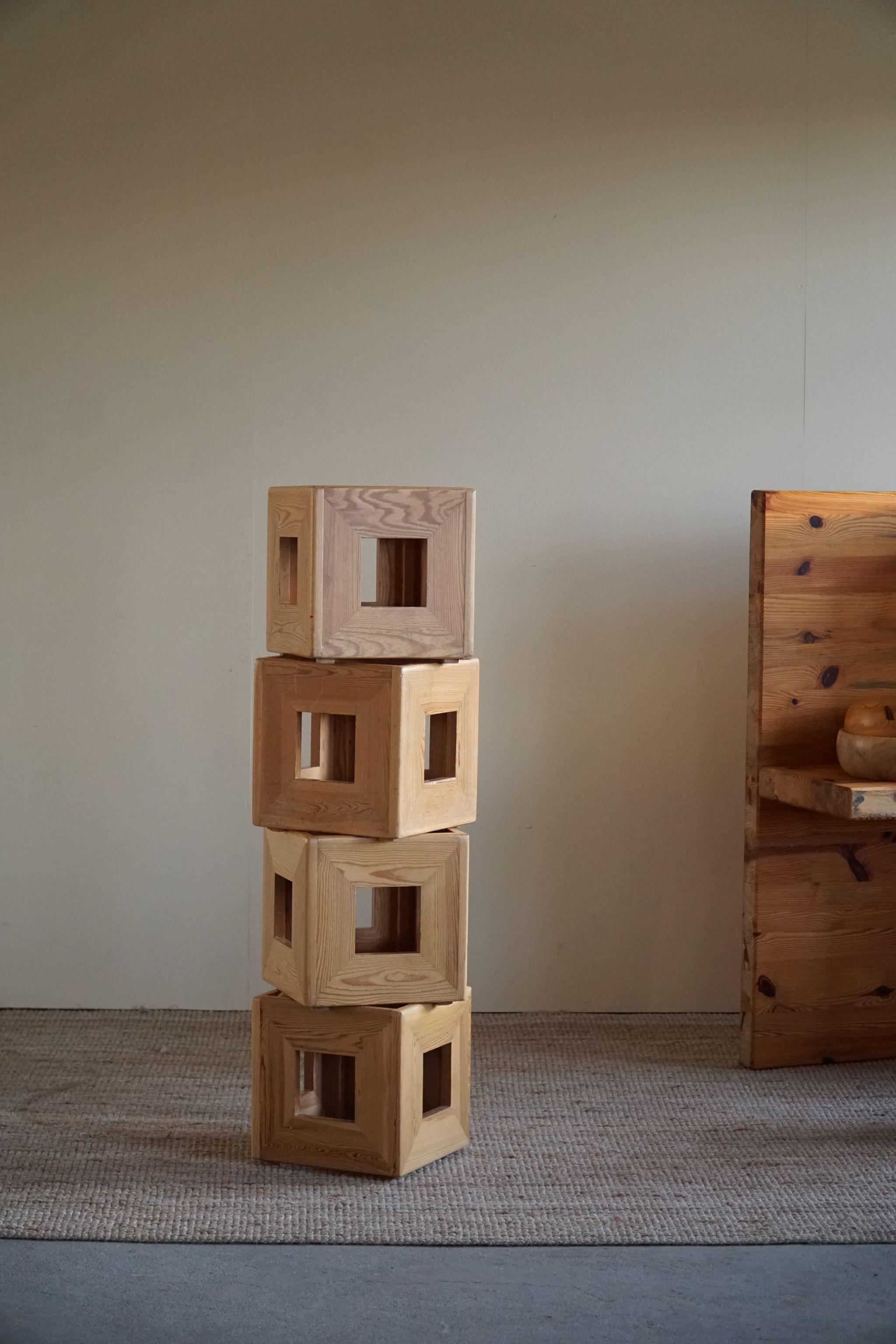 Set of 4 Swedish Mid Century Solid Cubic Pine Stools / Pedistals, Made in 1970s 8