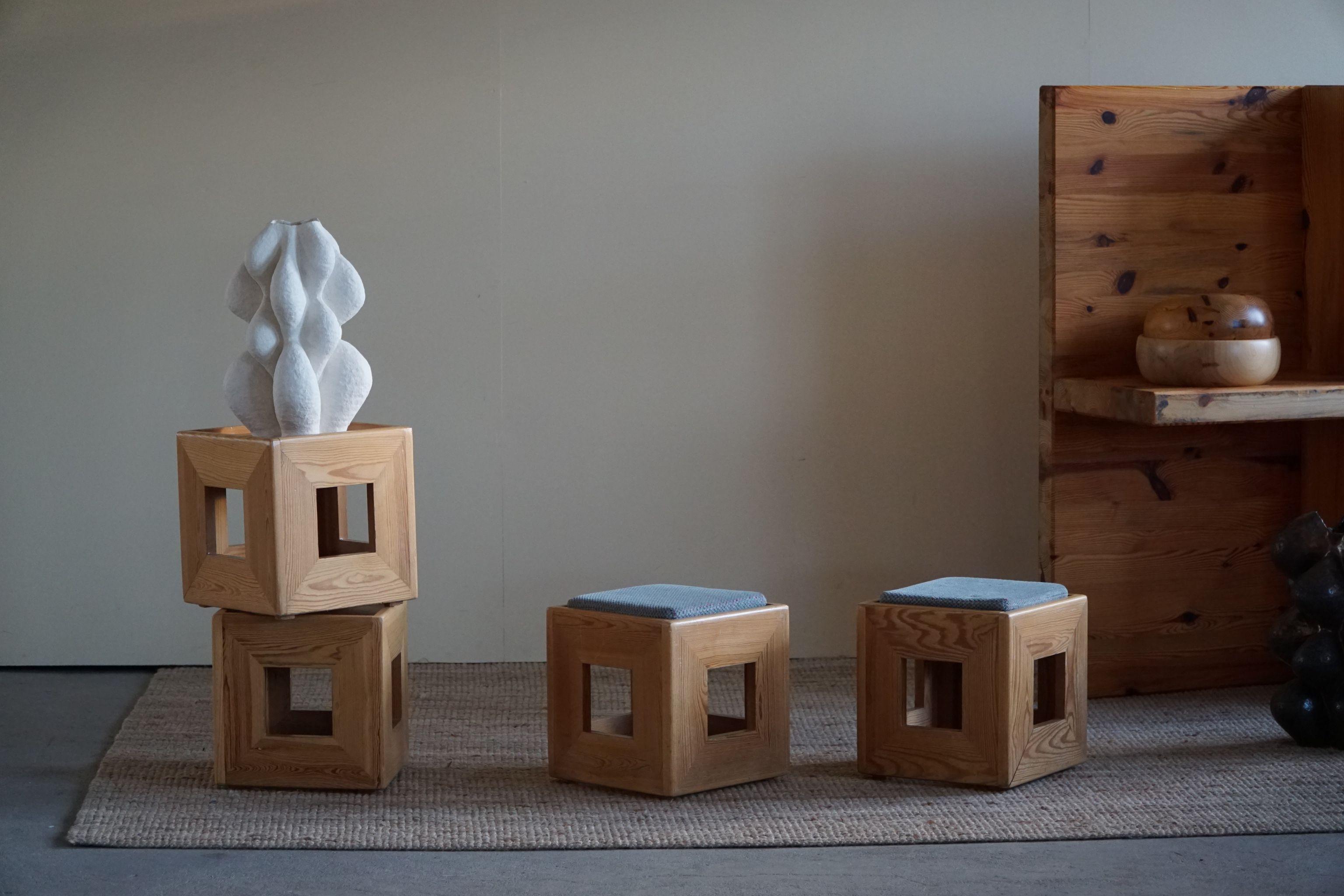Set of 4 Swedish Mid Century Solid Cubic Pine Stools / Pedistals, Made in 1970s 9