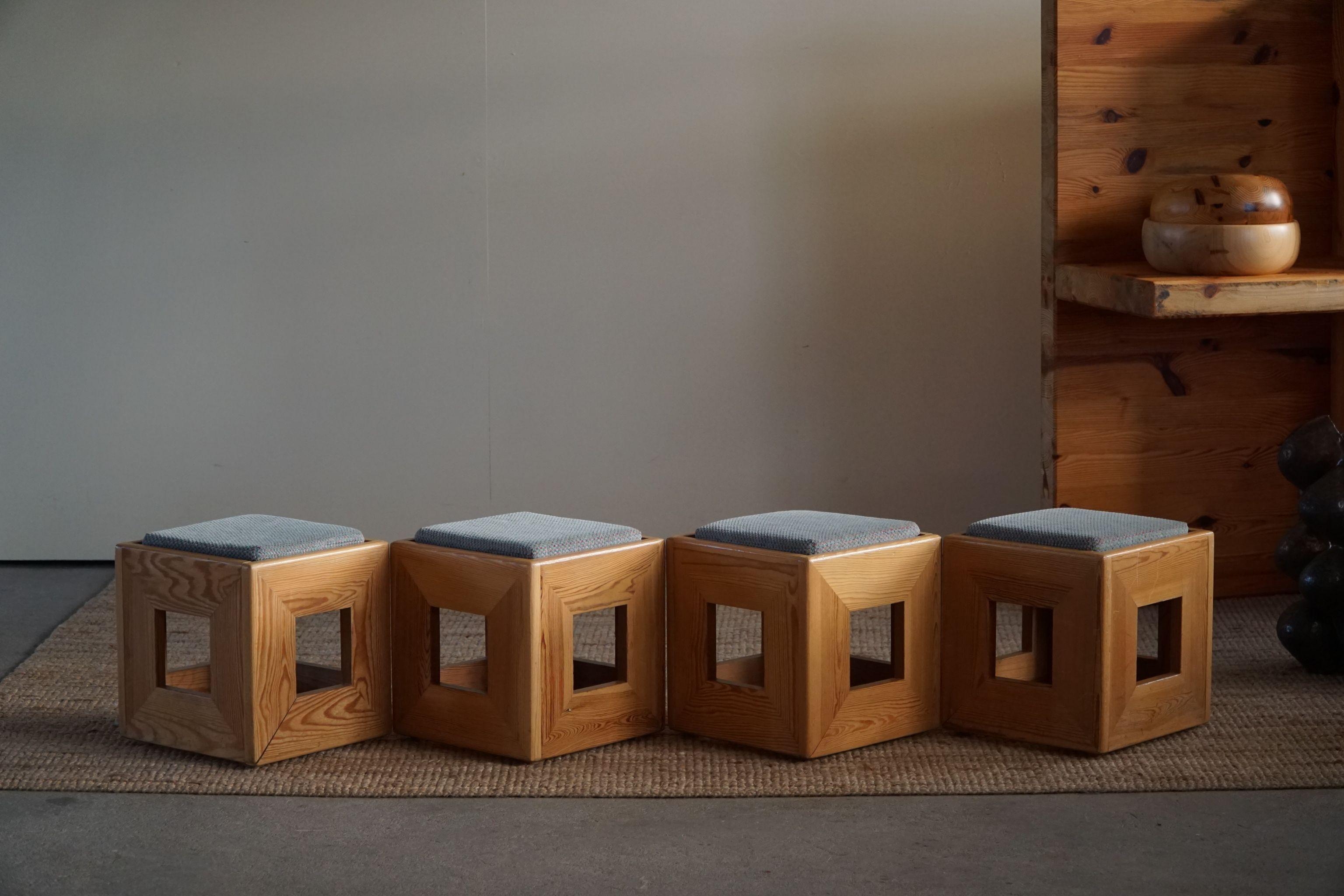 Great set of 4 solid pine stools, made by a unknown Swedish cabinetmaker in 1970s.

Loose cushions in vintage velvet. The stools are stackable and can therefore be used a a decorative pedistal as well. 

A warm colour and patina that pair well