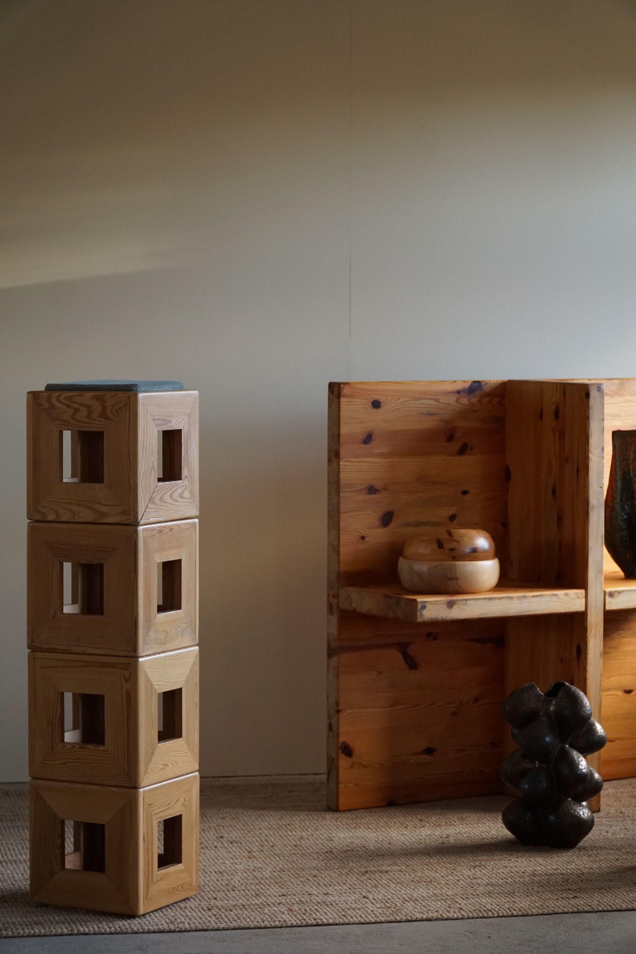 Scandinavian Modern Set of 4 Swedish Mid Century Solid Cubic Pine Stools / Pedistals, Made in 1970s