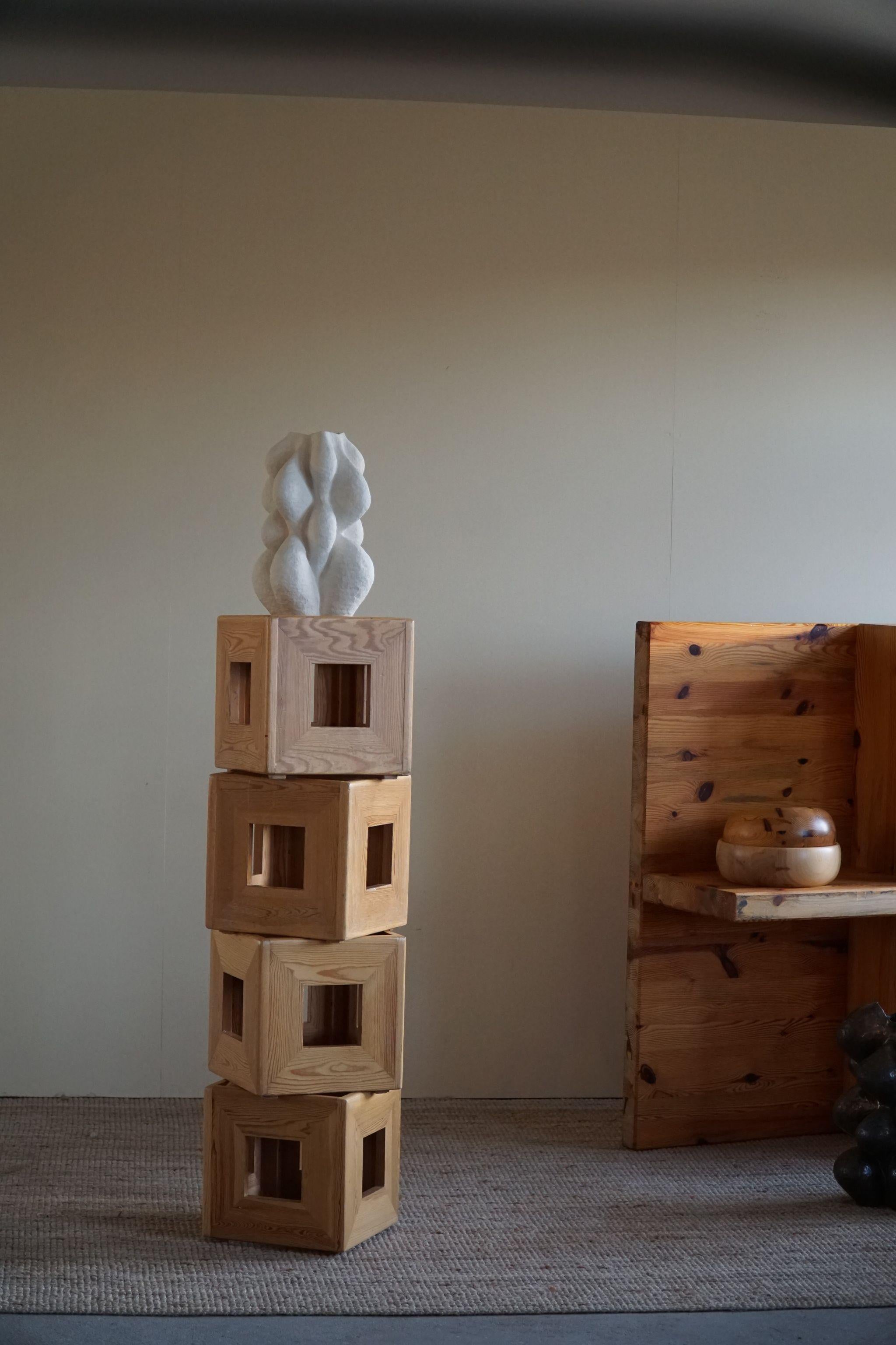 Velvet Set of 4 Swedish Mid Century Solid Cubic Pine Stools / Pedistals, Made in 1970s
