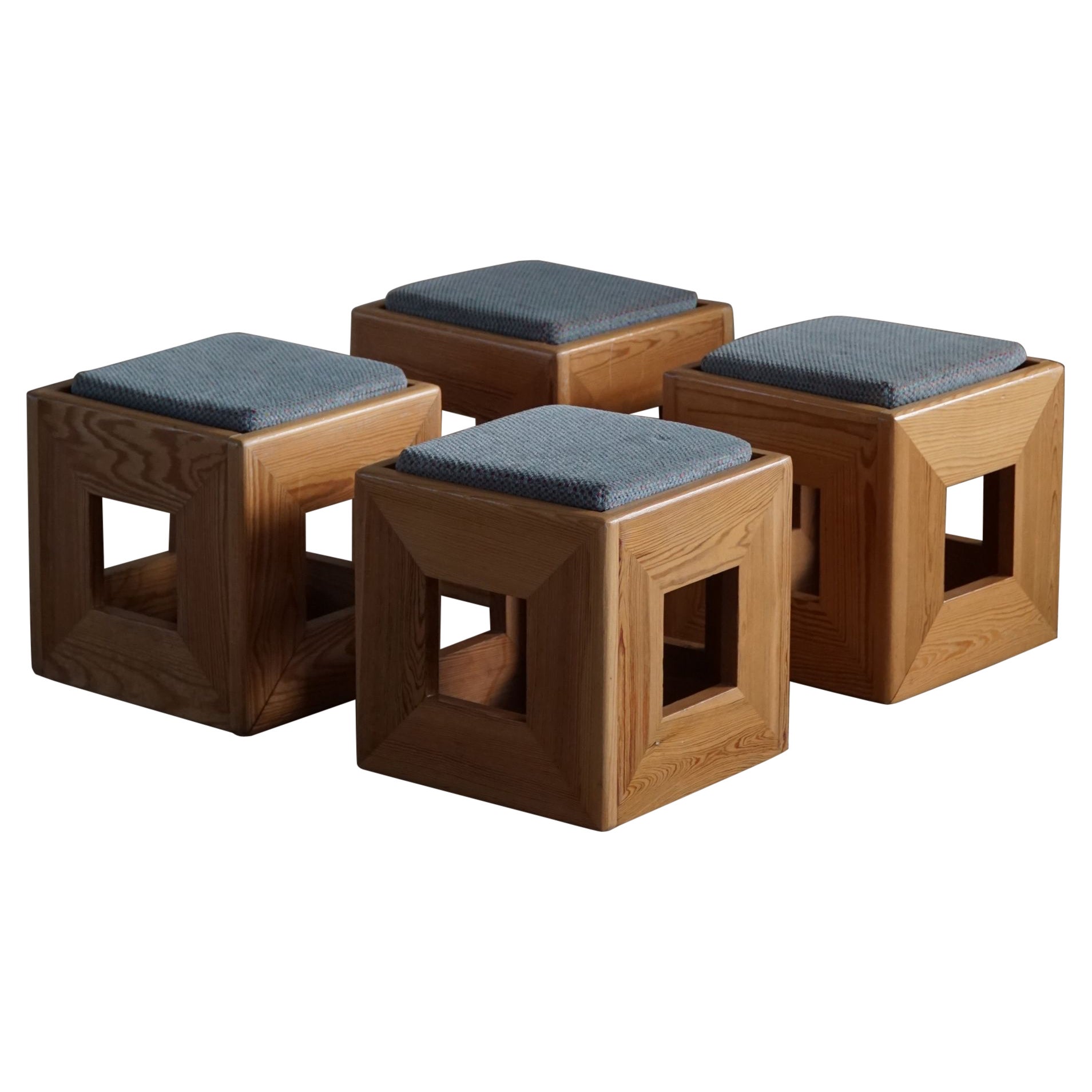 Set of 4 Swedish Mid Century Solid Cubic Pine Stools / Pedistals, Made in 1970s