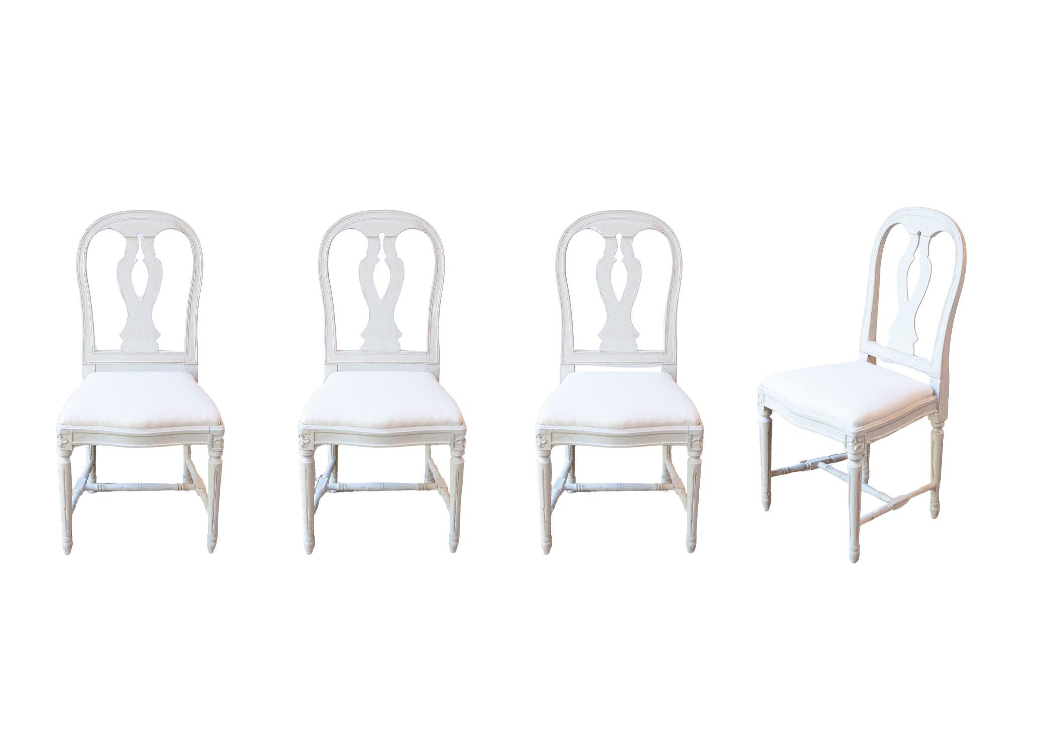 Set of 4 Swedish Painted Dining Room Chairs with Carved Splats and Upholstery