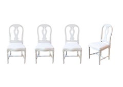 Set of 4 Swedish Painted Dining Room Chairs with Carved Splats and Upholstery