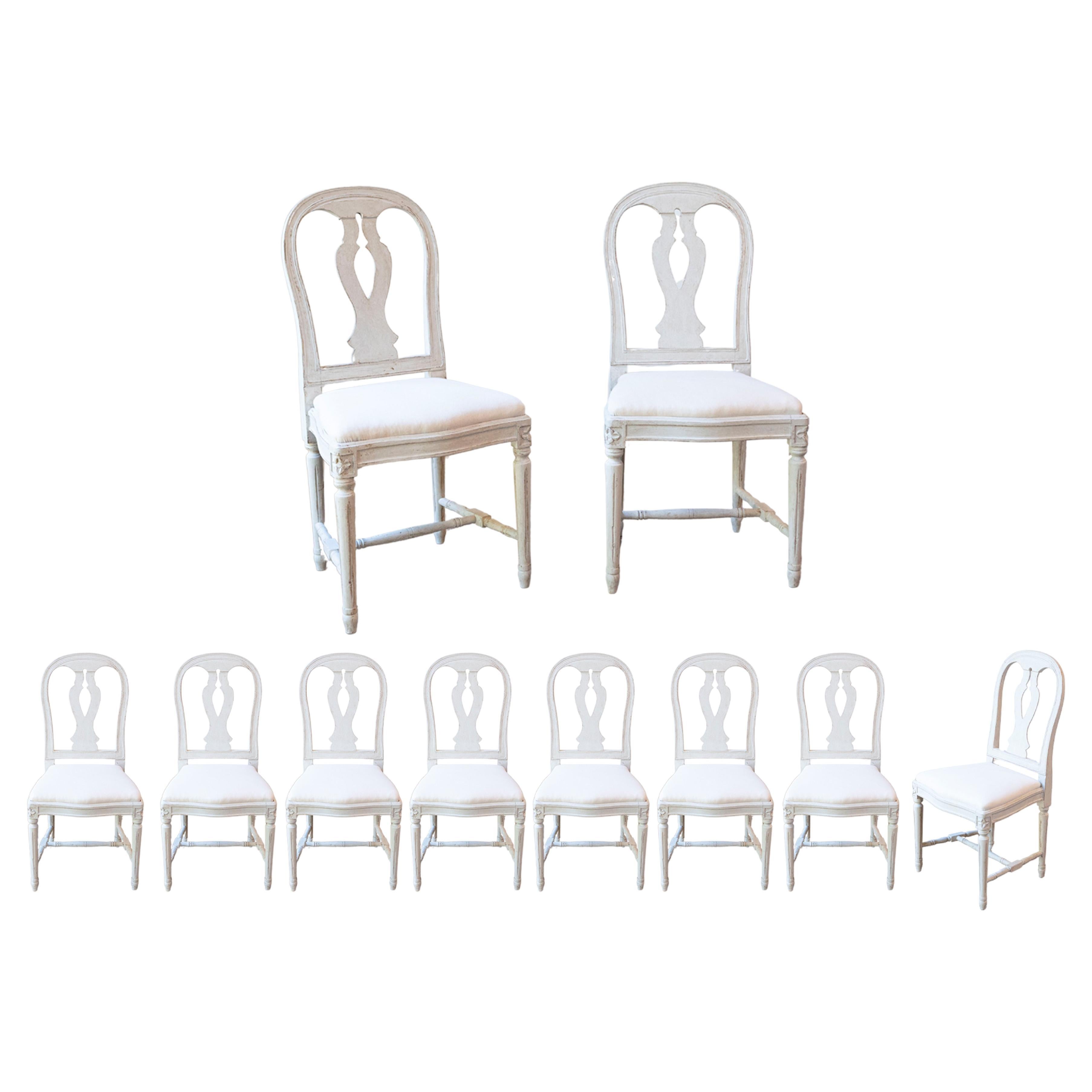 Set of 4 Swedish Painted Dining Room Chairs with Carved Splats and Upholstery