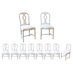 Set of 4 Swedish Painted Dining Room Chairs with Carved Splats and Upholstery