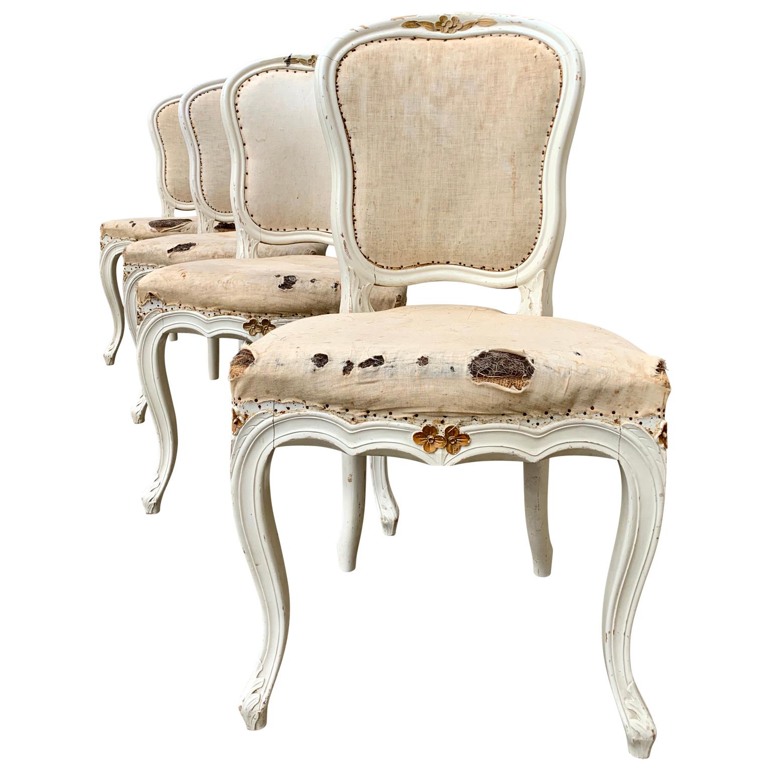 Beech Set of 4 Swedish White Painted 19th Century Rococo Style Chairs