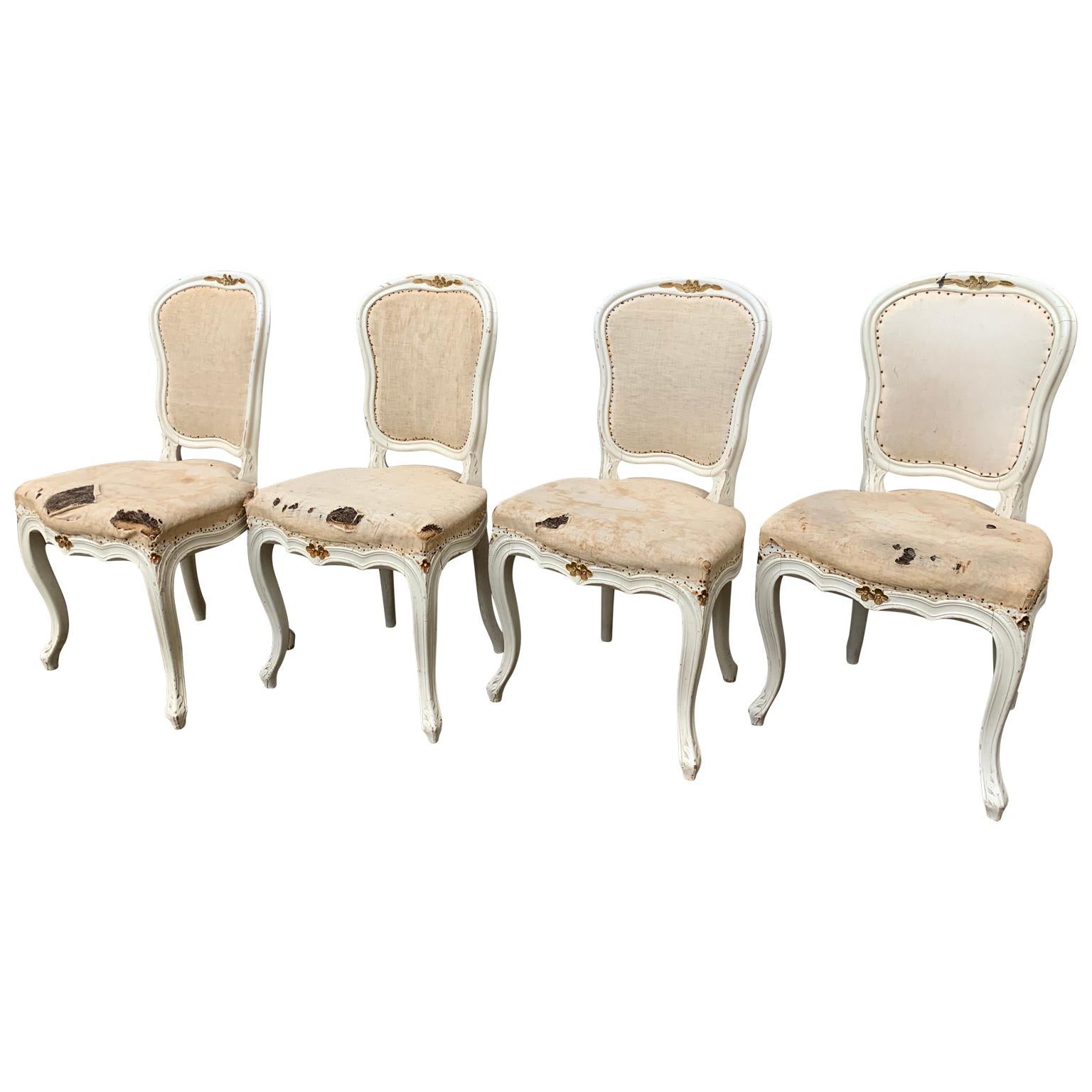 Set of 4 Swedish White Painted 19th Century Rococo Style Chairs 1